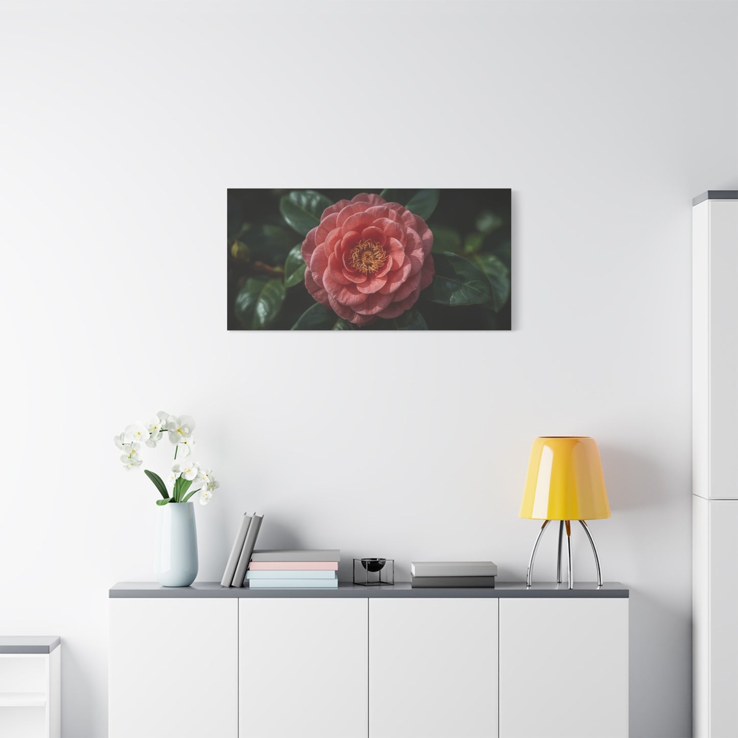 Pink Camellia Flower Canvas Wall Art - Botanical Floral Art Print, Dark Green Leaves, Matte Finish Decor - Traditional Style, Bedroom Wall Decor, Living Room Accent - Bedroom Home Decoration