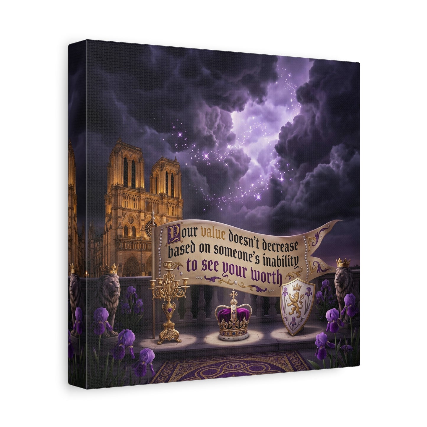 "Your Value Doesn't Decrease Based On Someone's Inability To See Your Worth" Canvas Wall Art - Gothic Cathedral, Purple Sky, Crown And Lions - Inspirational Home Decor - Living Room Bedroom