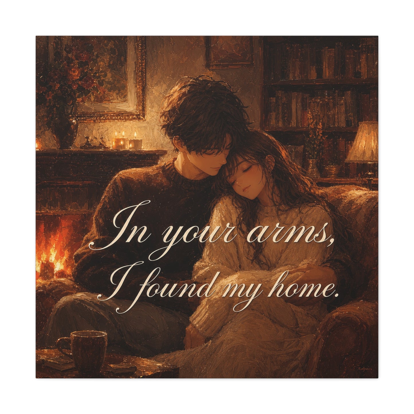 "In Your Arms, I Found My Home" Romantic Couple Canvas Wall Art - Cozy Fireplace Library Scene, Warm Vintage Style - Bedroom Home Decoration, Living Room Accent - Ready to Hang - Office Wall Art
