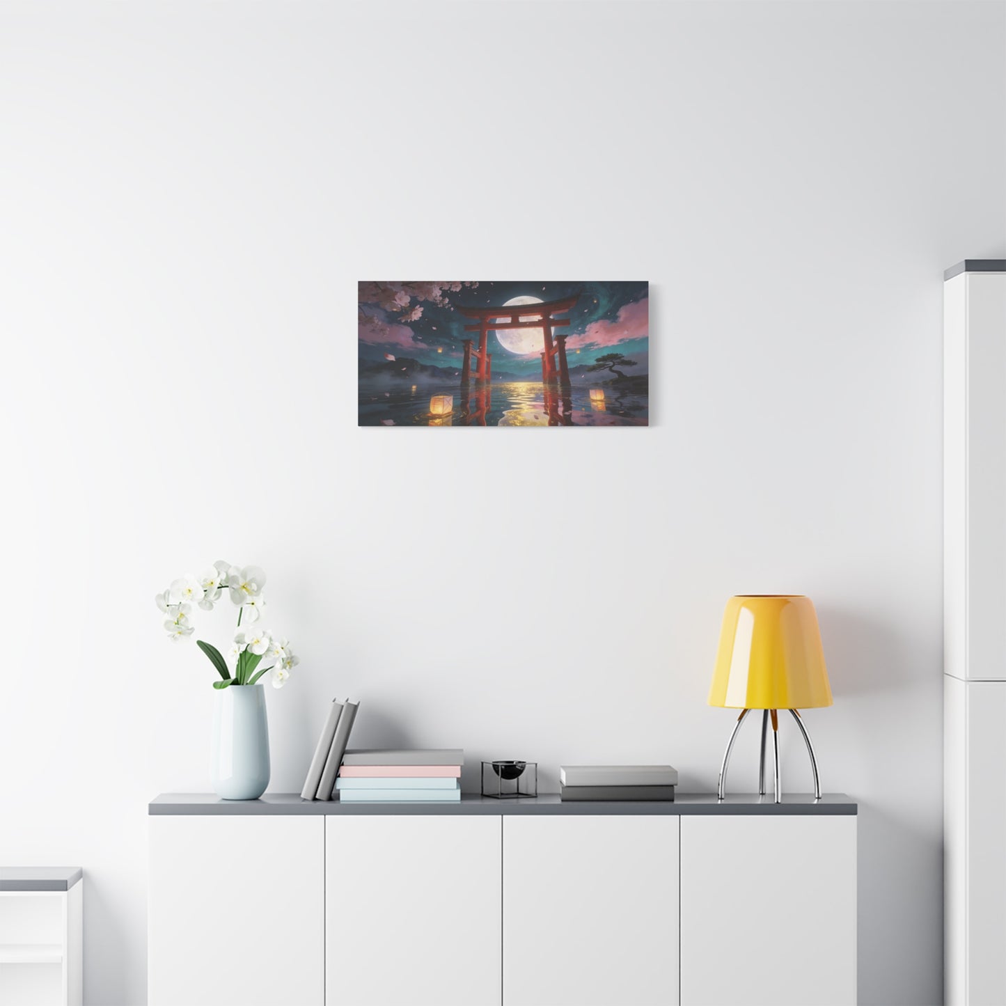Japanese Torii Gate Canvas Wall Art - Moonlit Lake, Cherry Blossom Petals - Contemporary Fantasy Landscape - Living Room Wall Decor, Bedroom Home Decoration, Meditation Space - Bedroom Home Decoration