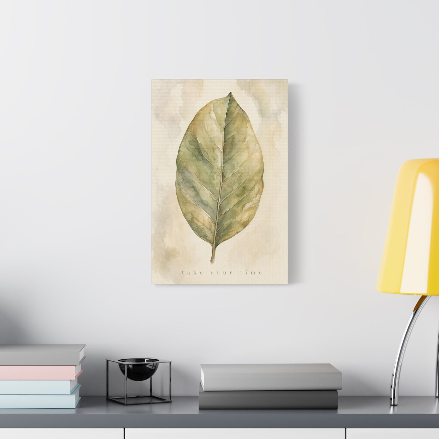 "Take Your Time" Botanical Leaf Canvas Wall Art - Watercolor Sage Green Nature Print - Minimalist Contemporary Decor - Bedroom Living Room Wall Decor - Calming Home Decoration - Modern Farmhouse Style