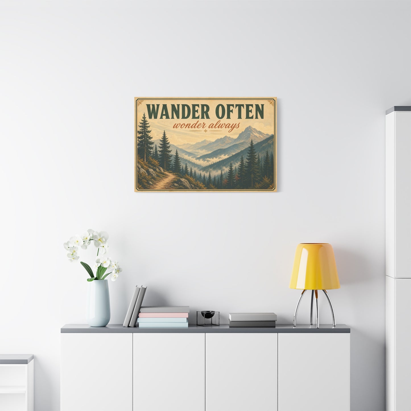 "Wander Often Wonder Always" Mountain Canvas Wall Art - Vintage Forest Landscape Quote Decor, Rustic Matte Print, Cabin Style Living Room Wall Decor, Bedroom Home Decoration - Bedroom Home Decoration