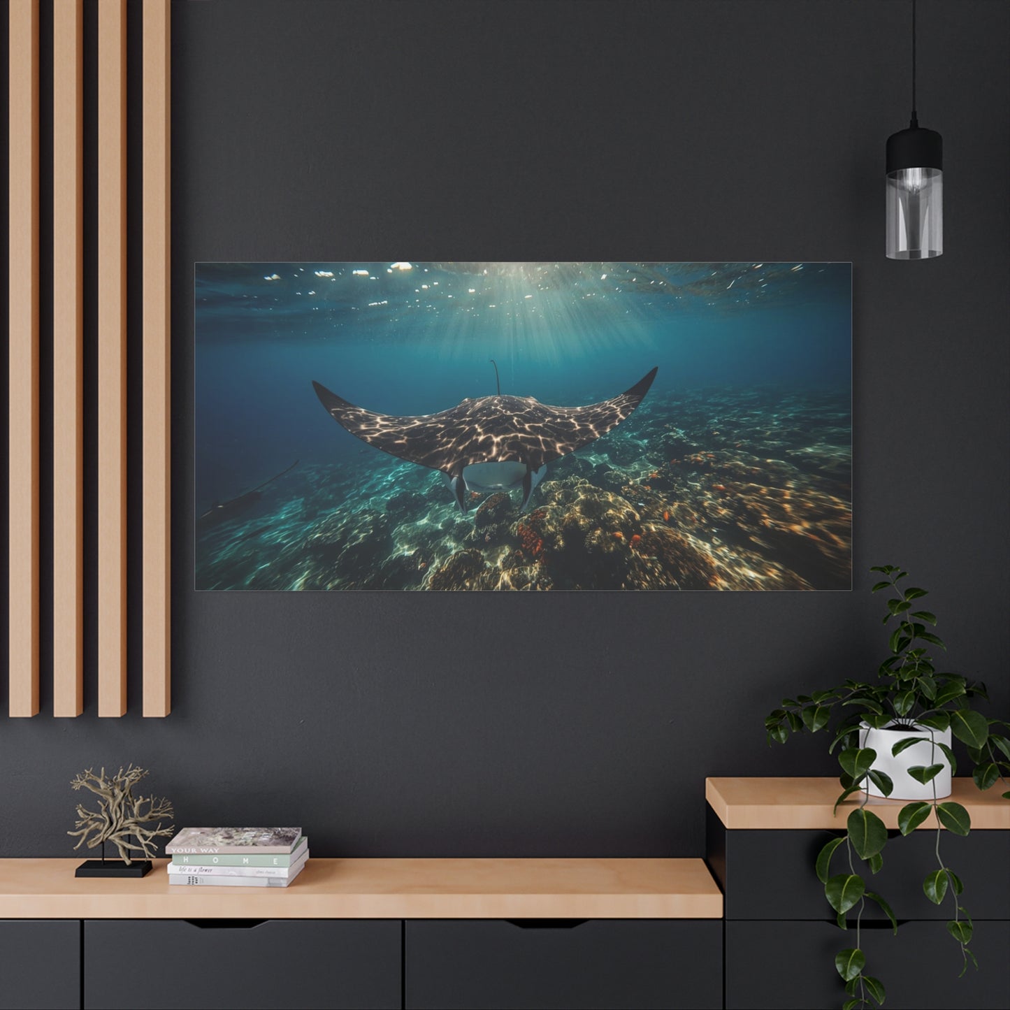 Manta Ray Canvas Wall Art - Underwater Ocean Art Print, Blue Coral Reef Seascape - Matte Cotton Canvas Print - Coastal Wall Decor, Living Room Home Decoration, Office Art - Bedroom Home Decoration