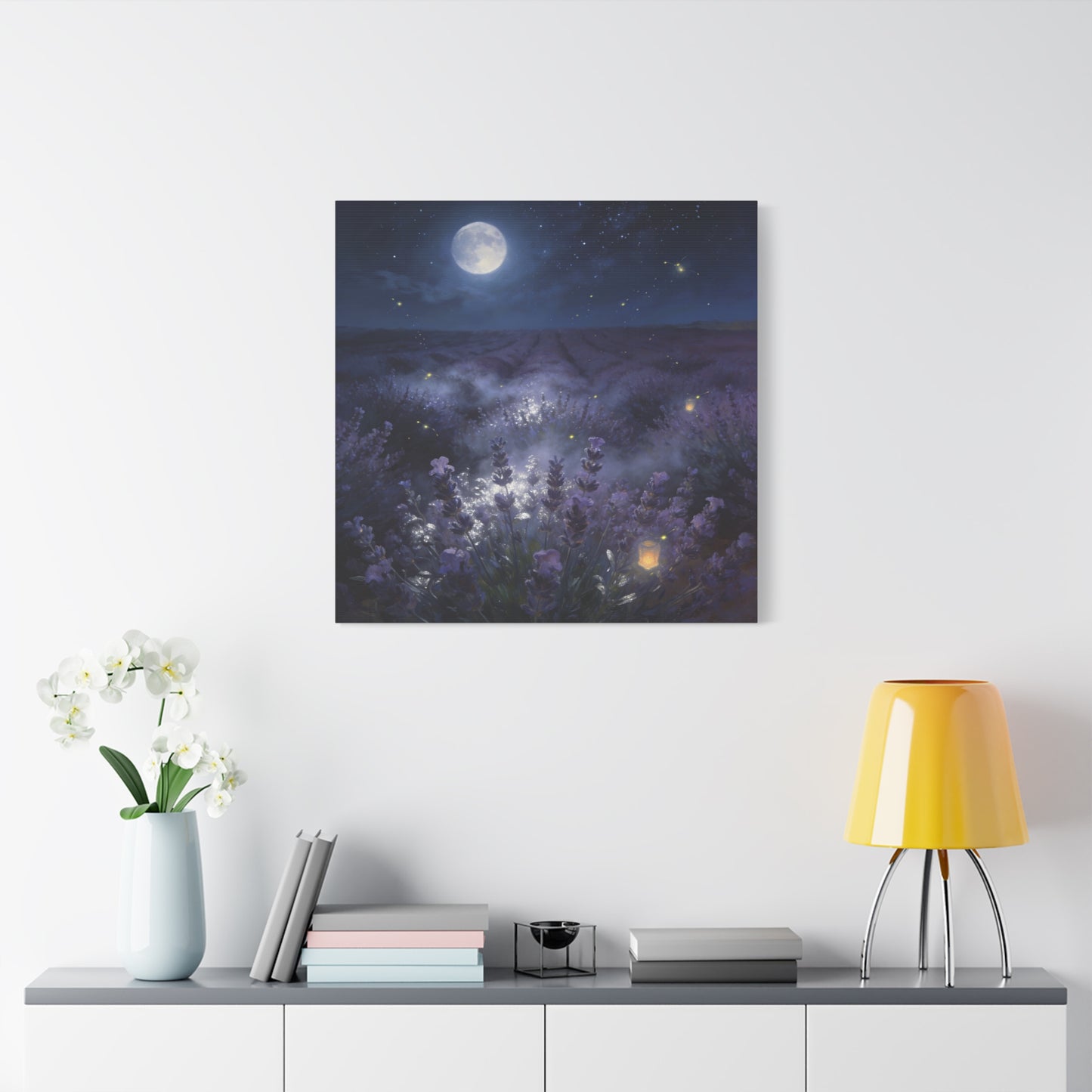 Moonlit Lavender Field Canvas Wall Art - Firefly Night Landscape, capiz shells wall decor - Matte Cotton Art Print, Calming Traditional Style - Bedroom Home Decoration, Office Wall Art - Ready to Hang