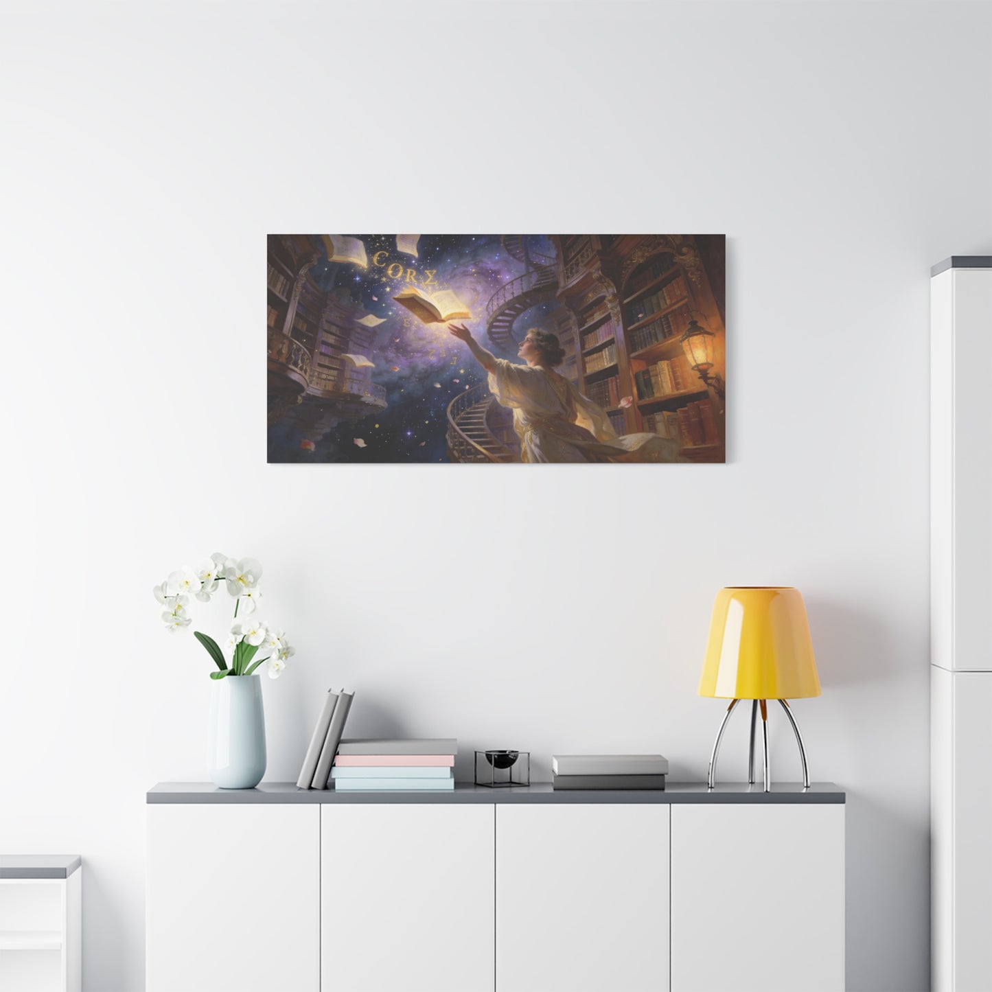 "CORZ" Fantasy Library Canvas Wall Art - Woman Reaching For Floating Book, Celestial Bookshelves, Spiral Staircase - Matte Cotton Print - Surreal Reading Room Decor, Office Art - Workspace Wall Decor