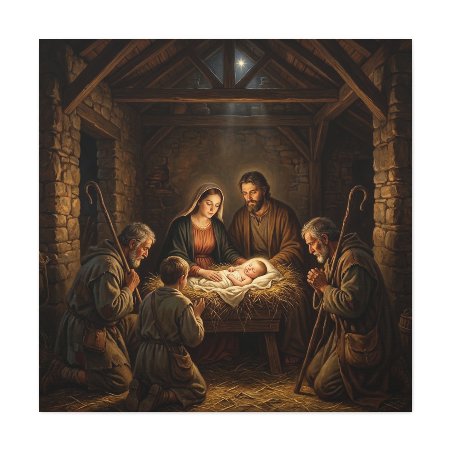 Nativity Scene Canvas Wall Art - Baby Jesus, Virgin Mary, Saint Joseph In Bethlehem Stable - Matte Cotton Print For Living Room Bedroom - Living Room Wall Decor - Bedroom Home Decoration