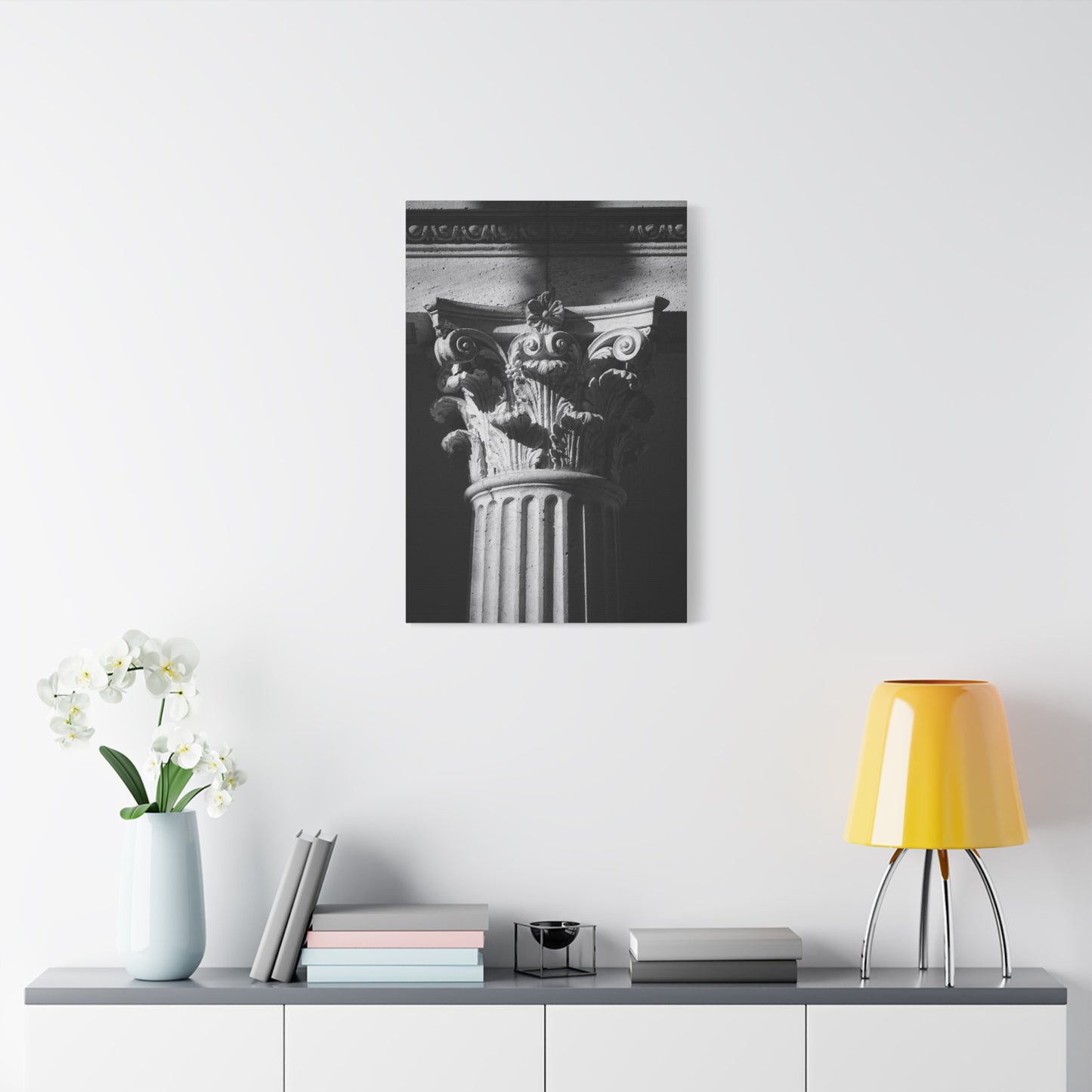 Black And White Corinthian Column Canvas Wall Art - Architectural Art Print, Dramatic Light, Matte Cotton Decor - Modern Minimalist Living Room Wall Decor, Office Art - Bedroom Home Decoration