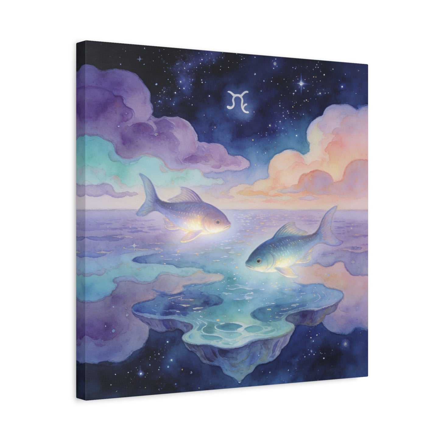 Pisces Zodiac Canvas Wall Art - Celestial Fish Over Dreamlike Sea, Watercolor Illustration - Mystical Night Sky, Matte Canvas Print - Bedroom Wall Decor, Meditation Space Accent - Ready to Hang