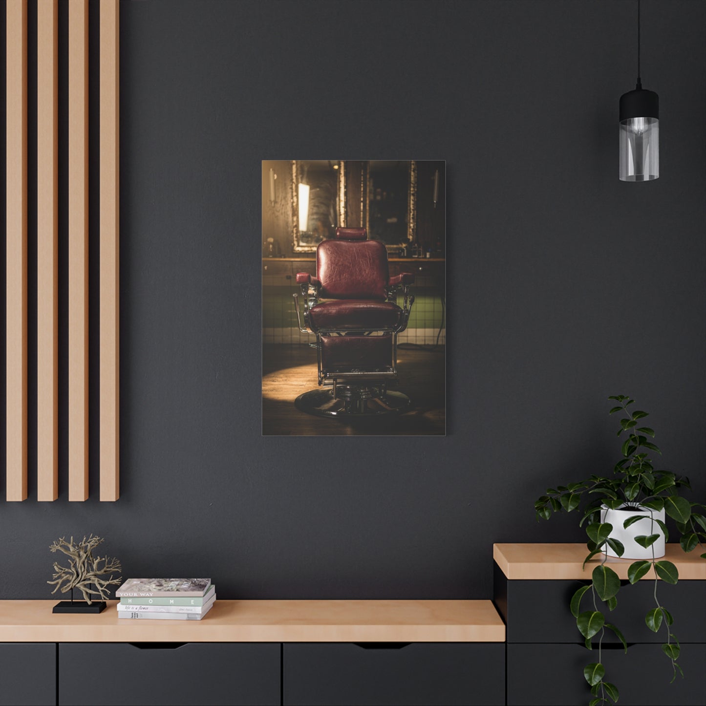 Vintage Barber Chair Canvas Print - Moody Barbershop Interior Art Print, Burgundy Leather Seat, Warm Cinematic Lighting - Rustic Contemporary Decor - Salon Wall Accent, Home Office Display