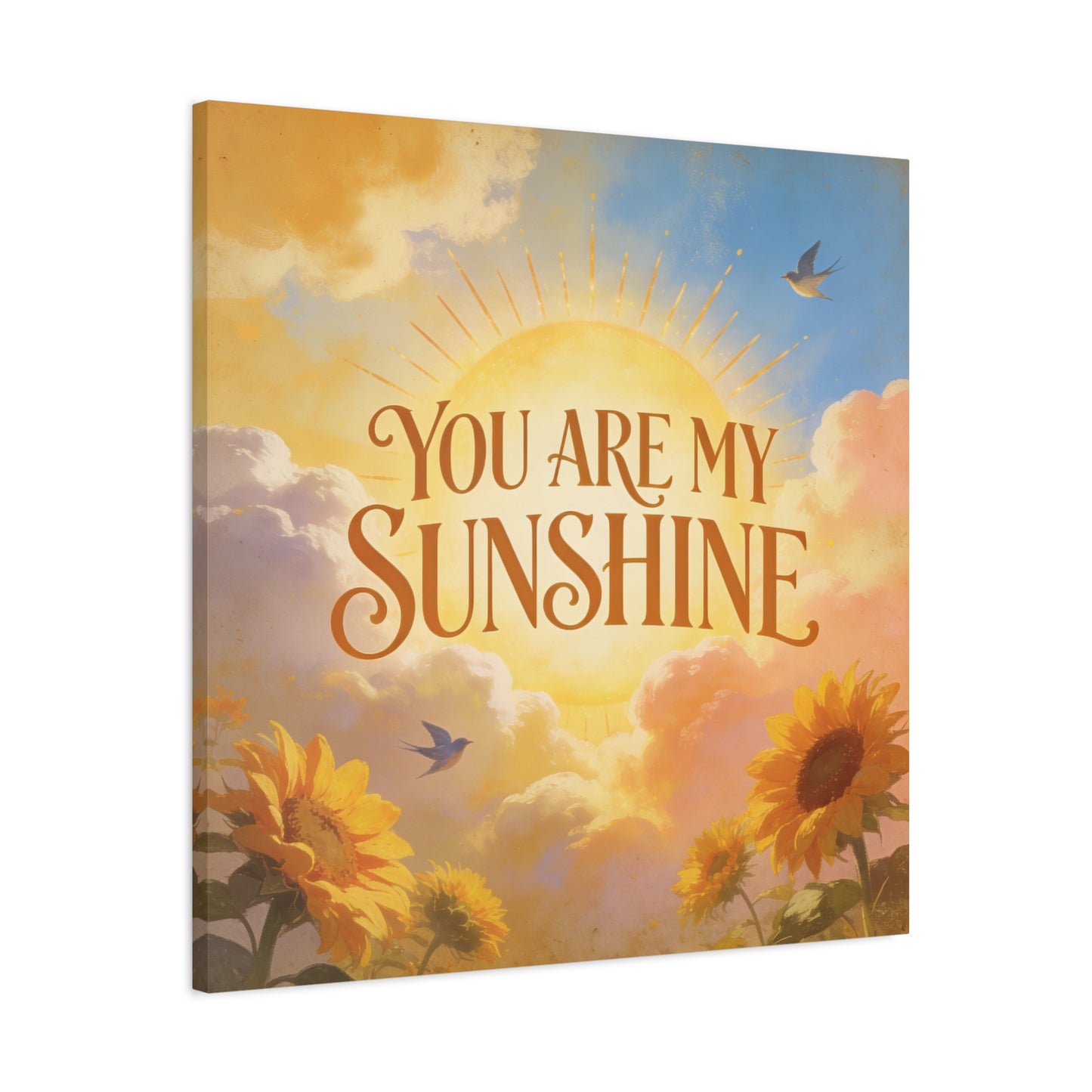 "You Are My Sunshine" Sunflower Canvas Wall Art - Vintage Typography Sky, Birds - Inspirational Farmhouse Style - Living Room Wall Decor, Bedroom Home Decoration, Office Art Accent - Ready to Hang