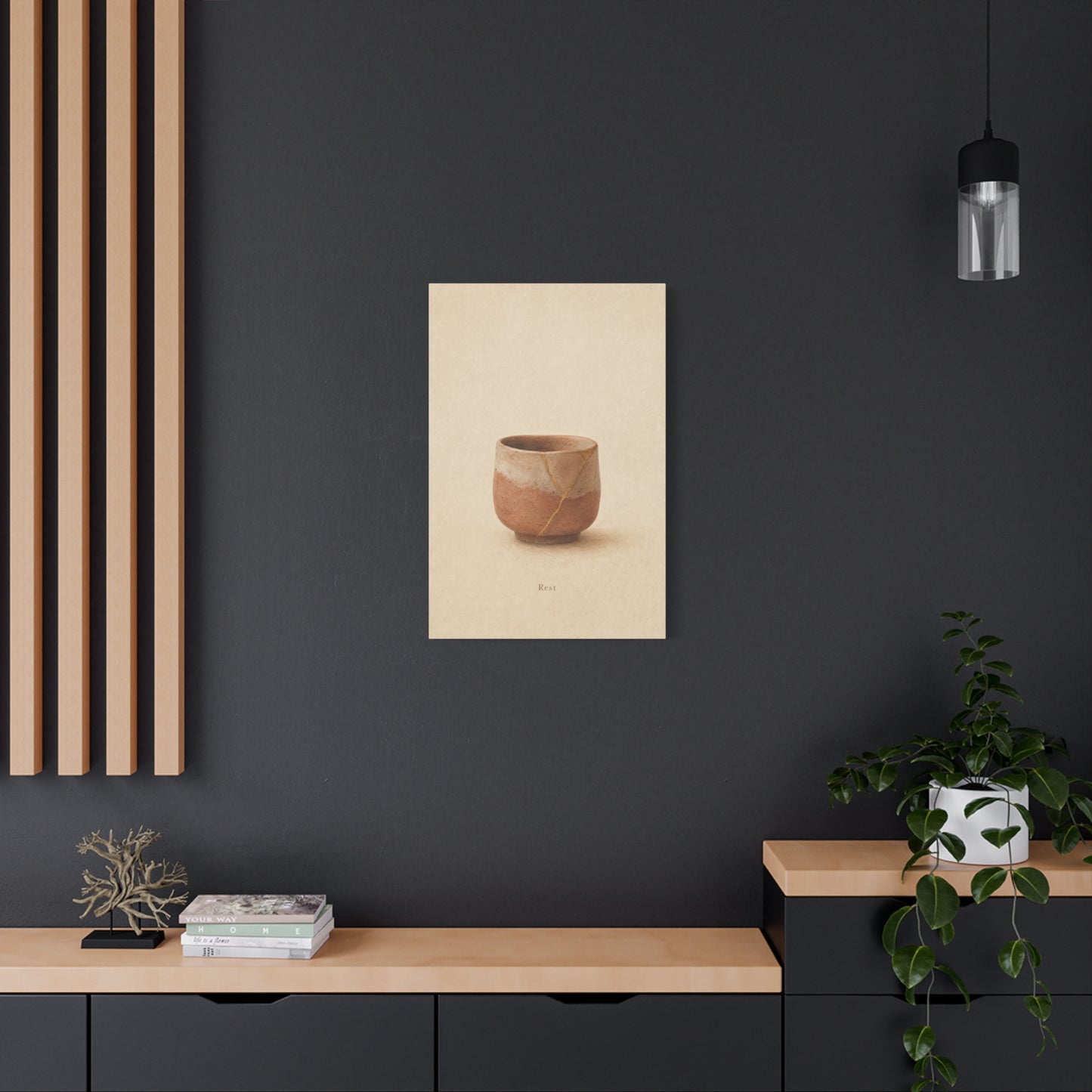 "Rest" Kintsugi Pot Canvas Wall Art - Minimalist Still Life Ceramic Vessel Print - Neutral Beige Brown Japanese Inspired Decor - Bedroom Meditation Space Living Room Home Accent - Office Wall Art