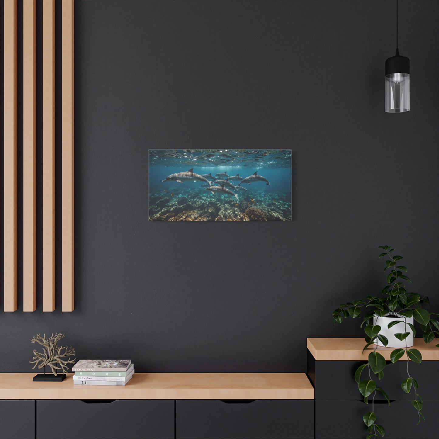 Dolphin School Canvas Wall Art - Underwater Ocean Art Print, Blue Coastal Decor - Matte Canvas Print, Contemporary Seascape Style - Living Room Wall Decor, Bedroom Home Decoration - Ready to Hang