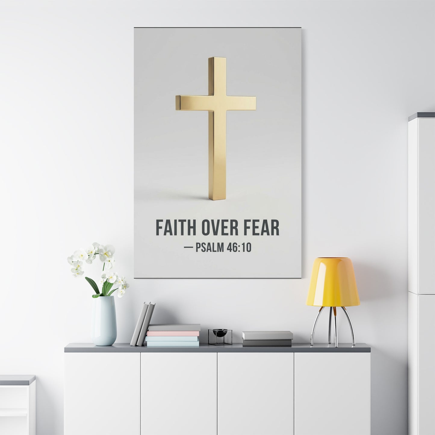 "Faith Over Fear" Psalm 46:10 Cross Canvas Wall Art - Gold Christian Scripture Print, Minimalist Religious Wall Decor - Modern Bedroom Home Decoration - Bedroom Home Decoration - Cozy Reading Nook Art