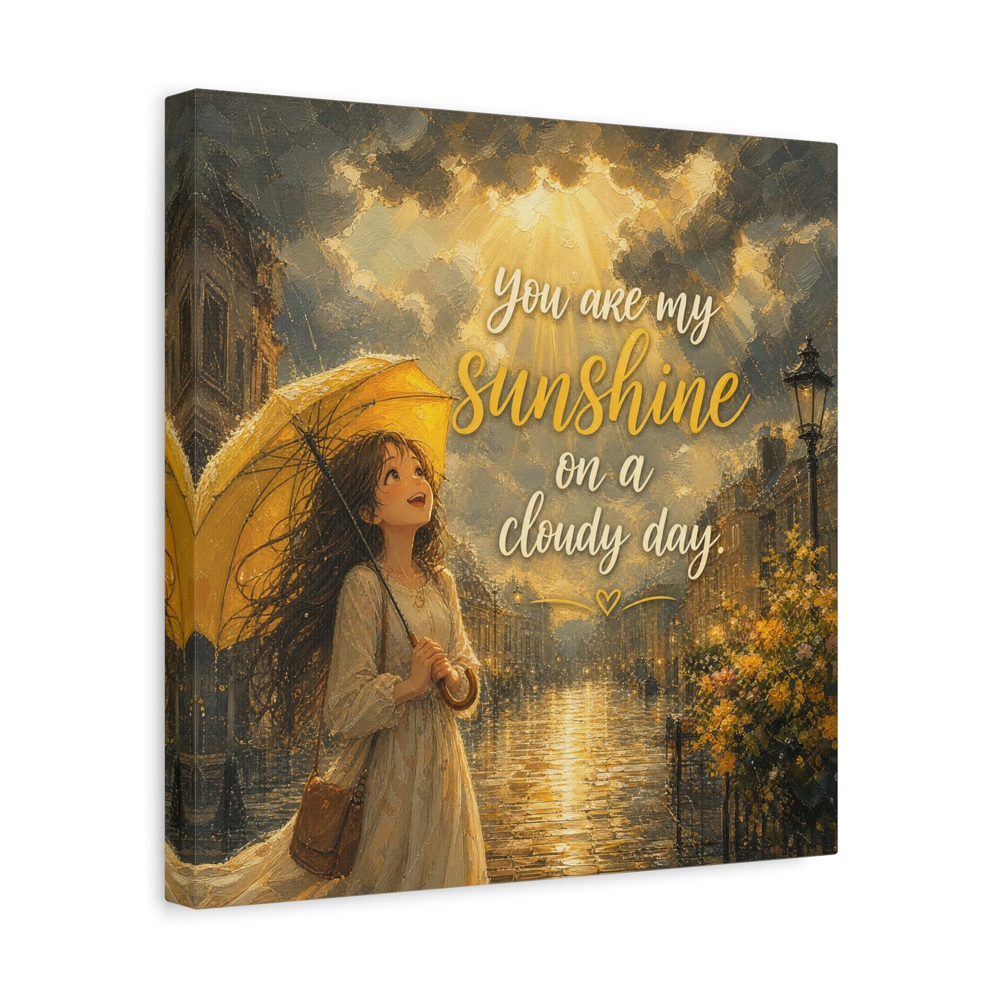 "You Are My Sunshine On A Cloudy Day" Canvas Wall Art - Girl With Yellow Umbrella Quote Print - Golden Rainy Street Painting, Inspirational Decor - Bedroom Home Decoration - Living Room Wall Decor