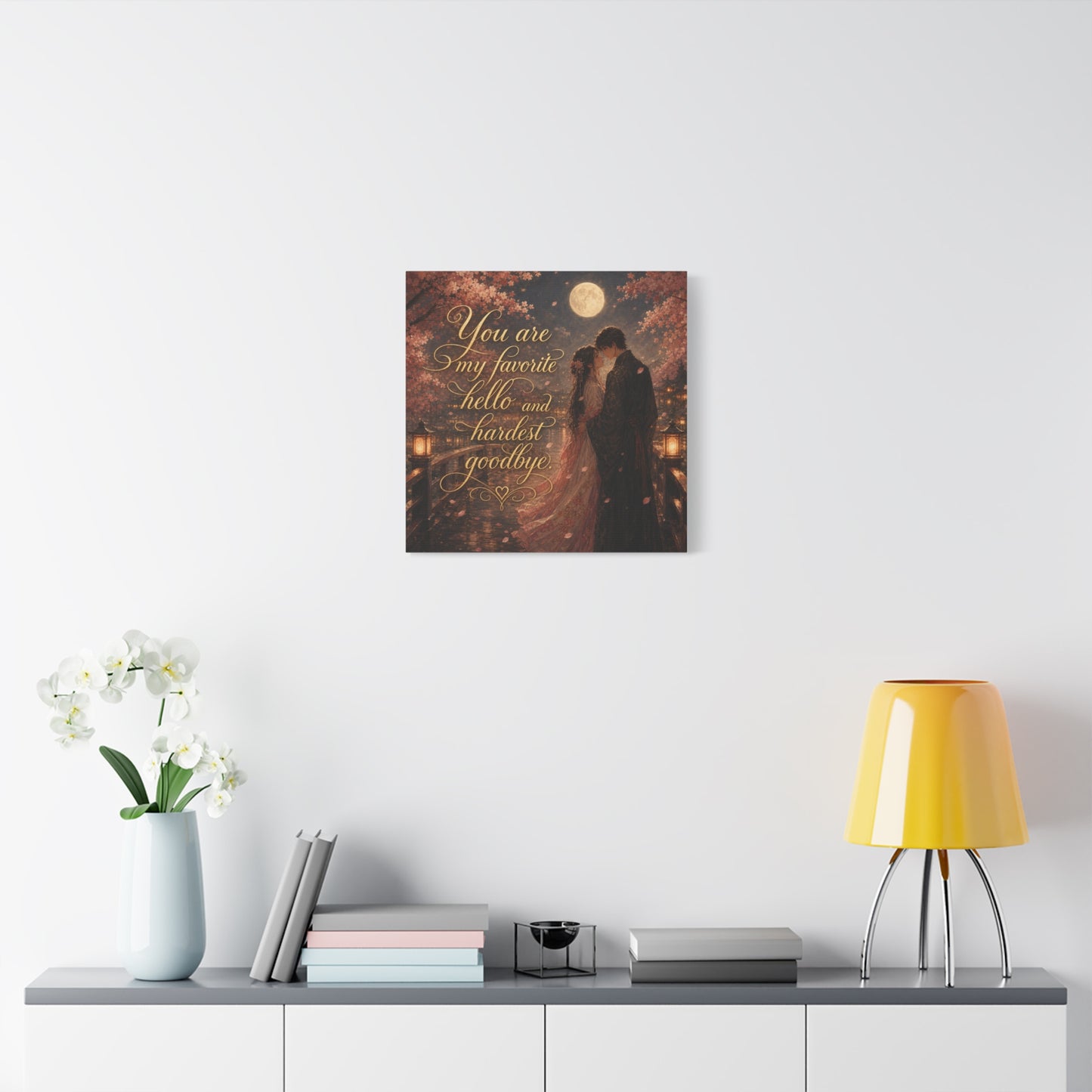 "You Are My Favorite Hello And Hardest Goodbye" Romantic Canvas Wall Art - Moonlit Cherry Blossom Couple, Gold Script Quote Print - Traditional Love Decor, Bedroom Wall Hanging - Cozy Reading Nook Art