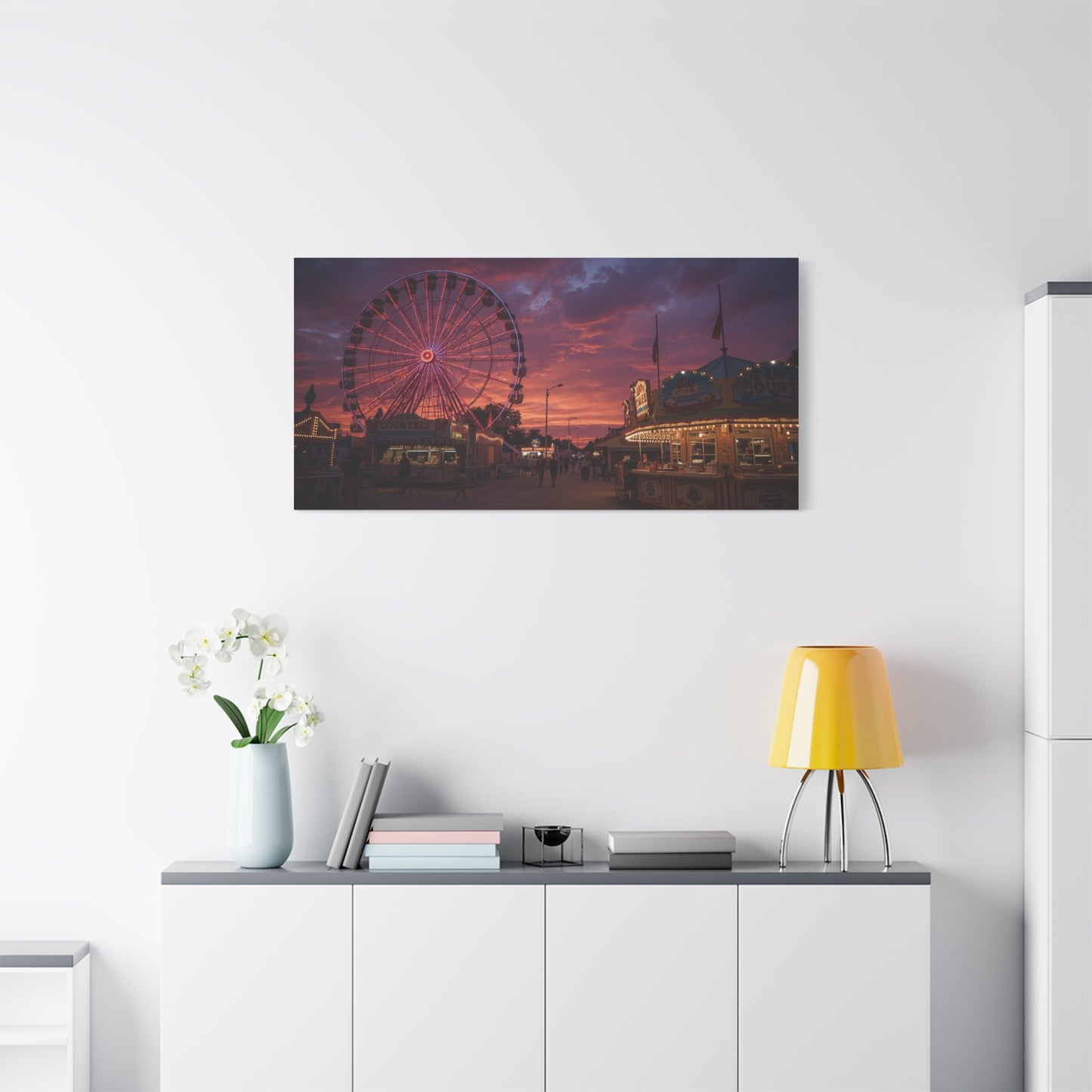 Ferris Wheel Sunset Canvas Wall Art - Carnival Boardwalk Art Print, Purple Pink Sky, Contemporary Nightscape - Living Room Wall Decor, Bedroom Home Decoration, Office Art - Ready to Hang