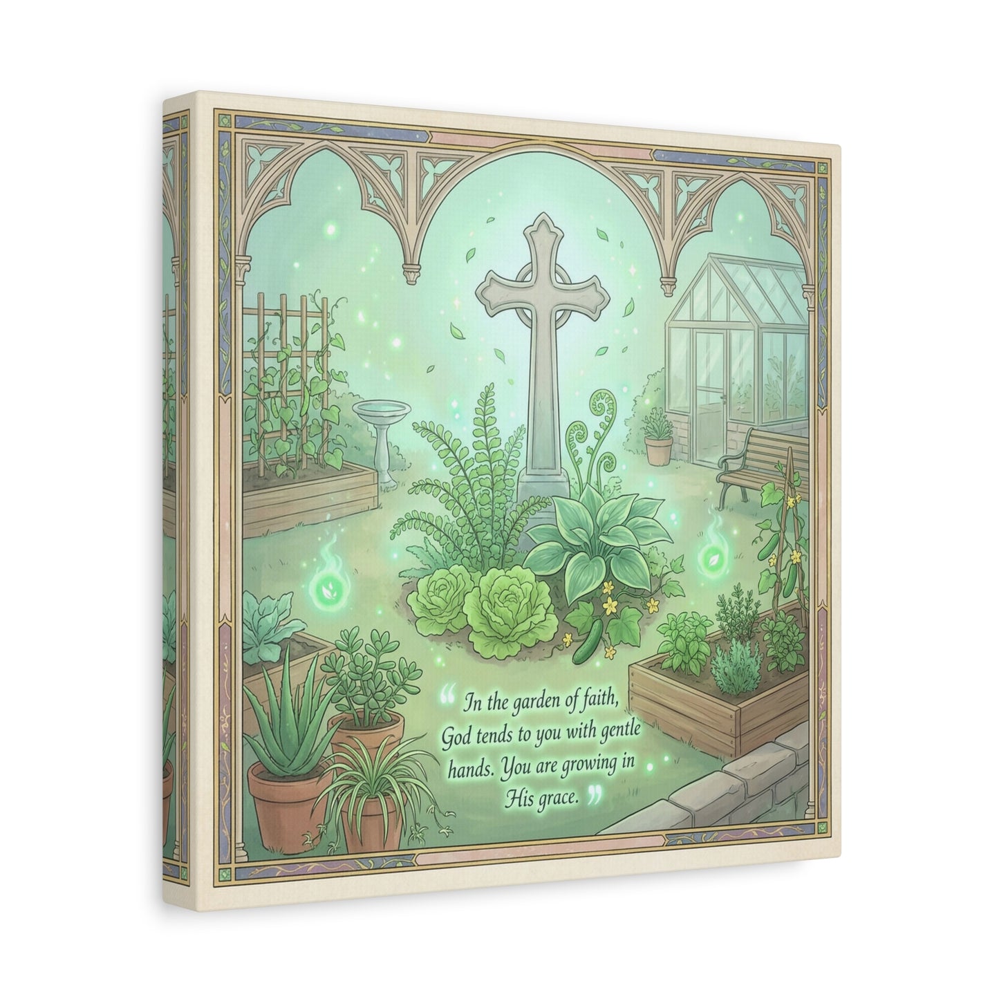 "In The Garden Of Faith" Christian Canvas Wall Art - Cross Garden Quote Print - Botanical Scripture Decor, Matte Cotton Canvas - Traditional Religious Wall Decor For Bedroom Office - Ready to Hang