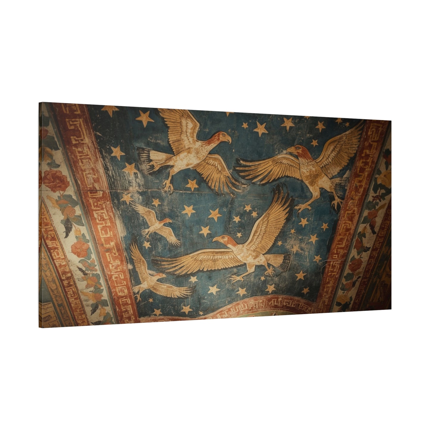 Ancient Eagle Ceiling Fresco Canvas Wall Art - Starry Bird Mural Print, Classical Blue And Gold Illustration - Vintage Traditional Style - Living Room Wall Decor Office Art - Bedroom Home Decoration