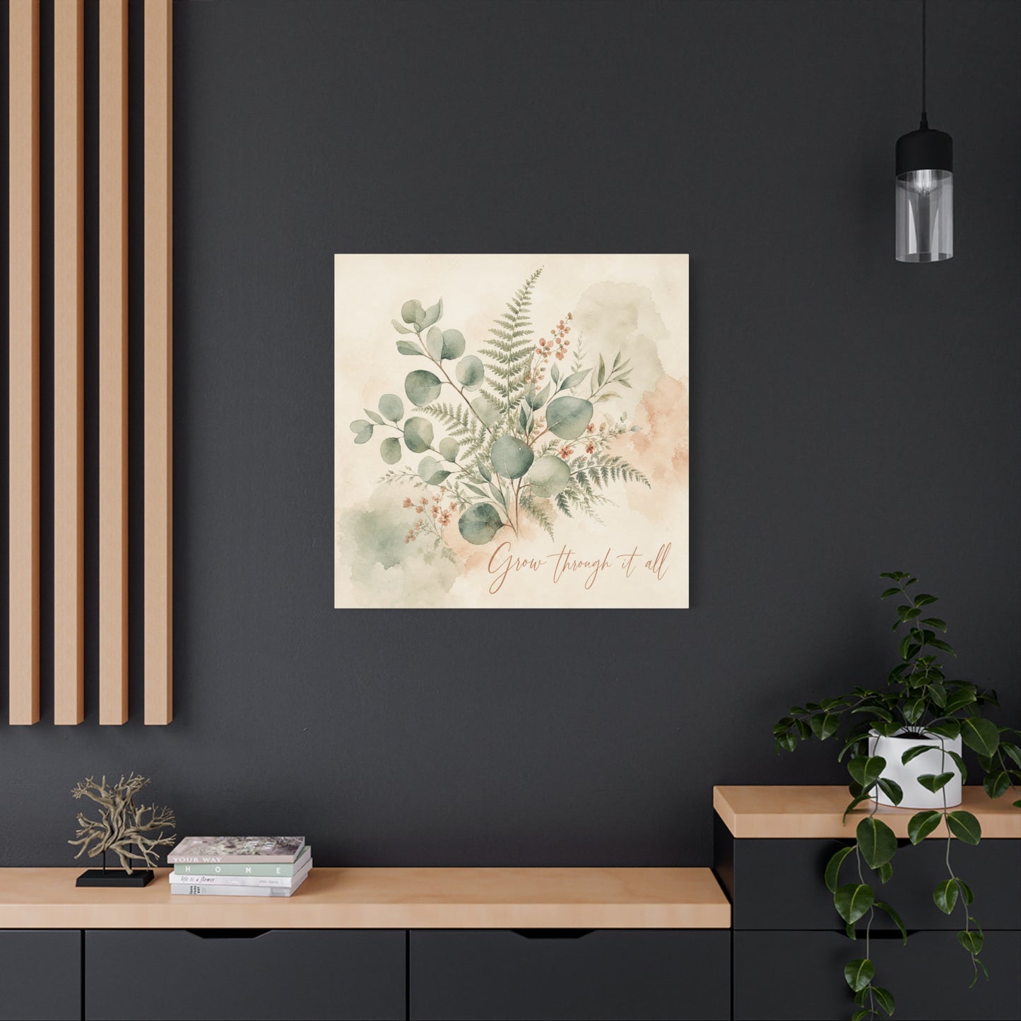 "Grow Through It All" Botanical Canvas Wall Art - Eucalyptus Fern Watercolor Quote Print, Sage Green Floral Home Decor - Modern Farmhouse Style, Bedroom Wall Hanging - Ready to Hang - Ready to Hang
