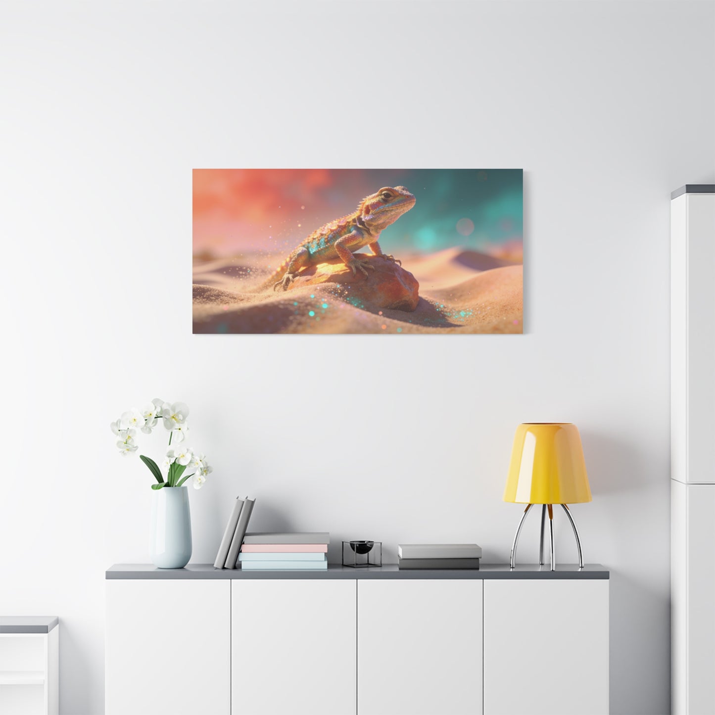 Colorful Desert Lizard Canvas Wall Art - Dreamy Wildlife Illustration, Matte Finish Canvas Print - Contemporary Fantasy Style - Living Room Wall Decor, Bedroom Home Decoration - Modern Farmhouse Style