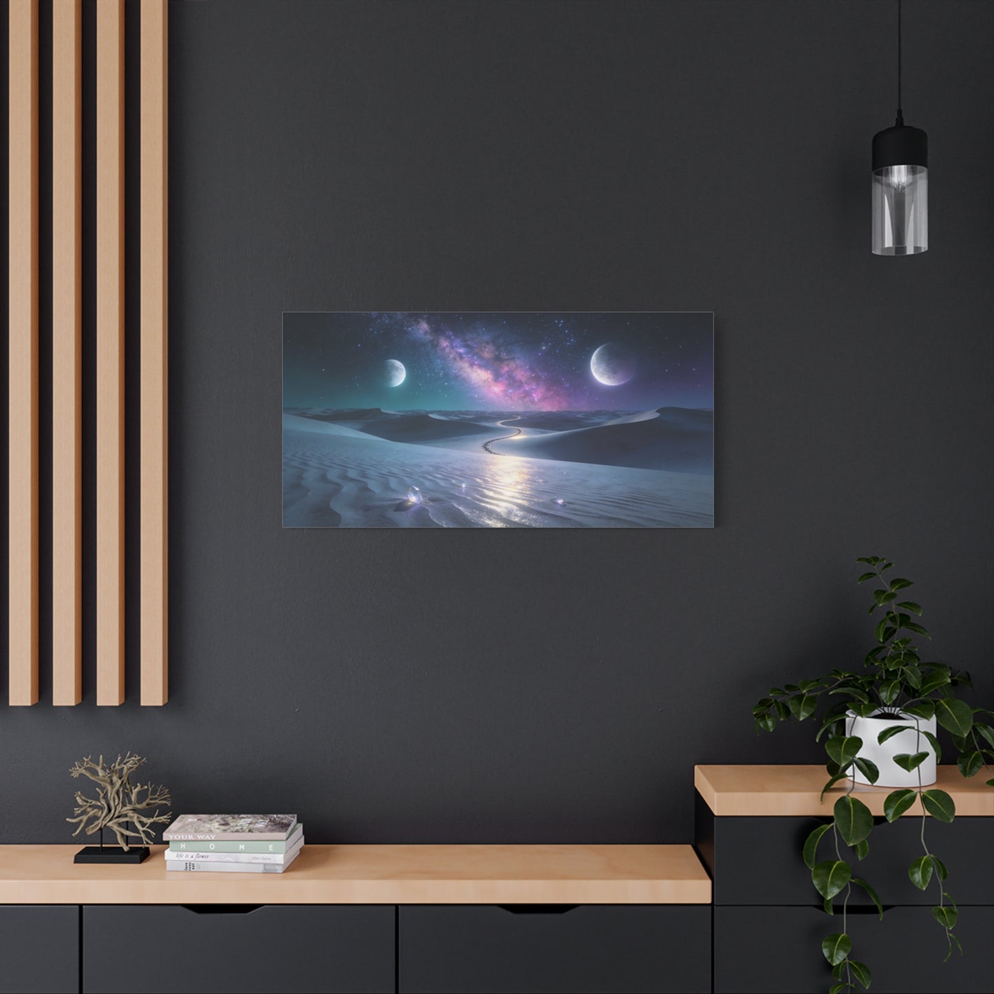 Celestial Desert Canvas Wall Art - Milky Way, Twin Moons, Luminous Dunes - Surreal Nightscape Cotton Print - Contemporary Style, Bedroom Home Decoration, Office Wall Decor - Bedroom Home Decoration
