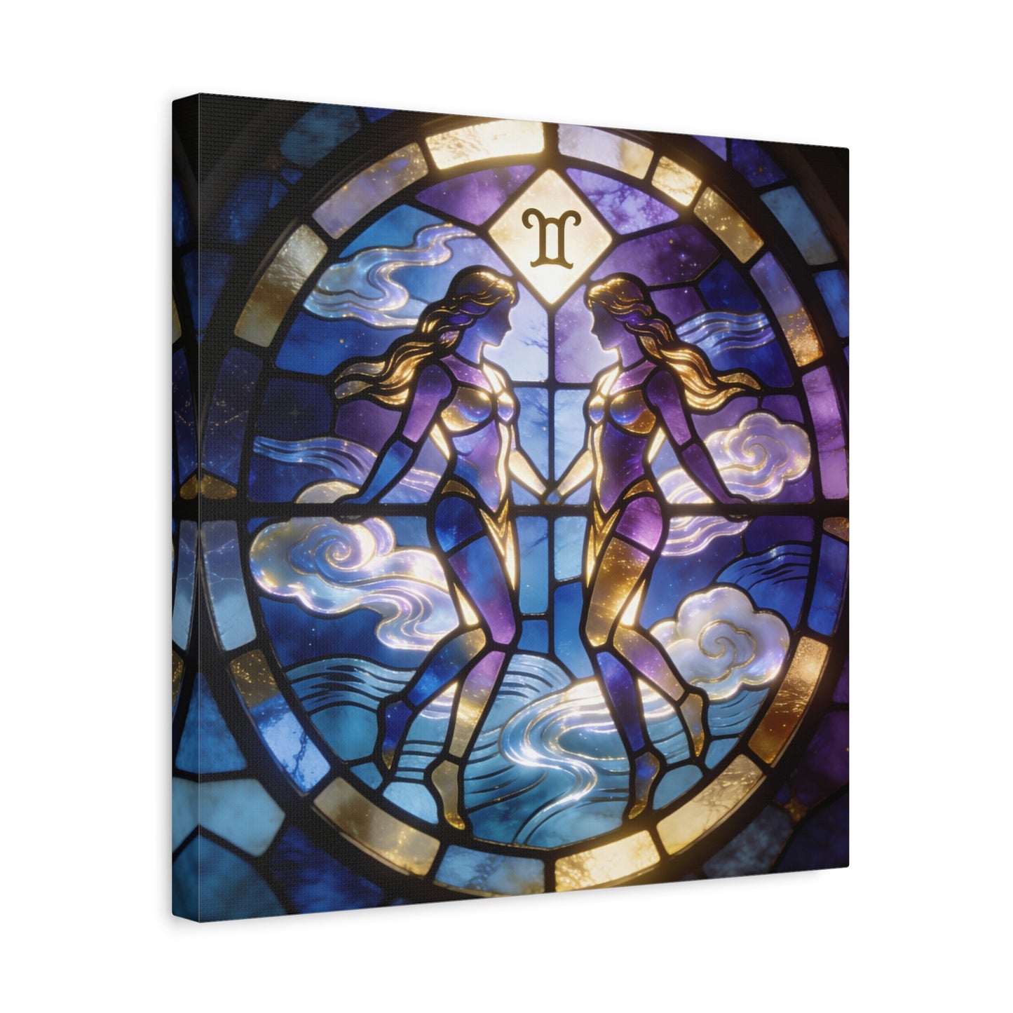 Gemini Zodiac Canvas Wall Art - Stained Glass Twin Women Celestial Print, Blue Purple Gold Astrology Decor - Modern Mystical Artwork - Bedroom Home Decoration Office Wall Art - Bedroom Home Decoration