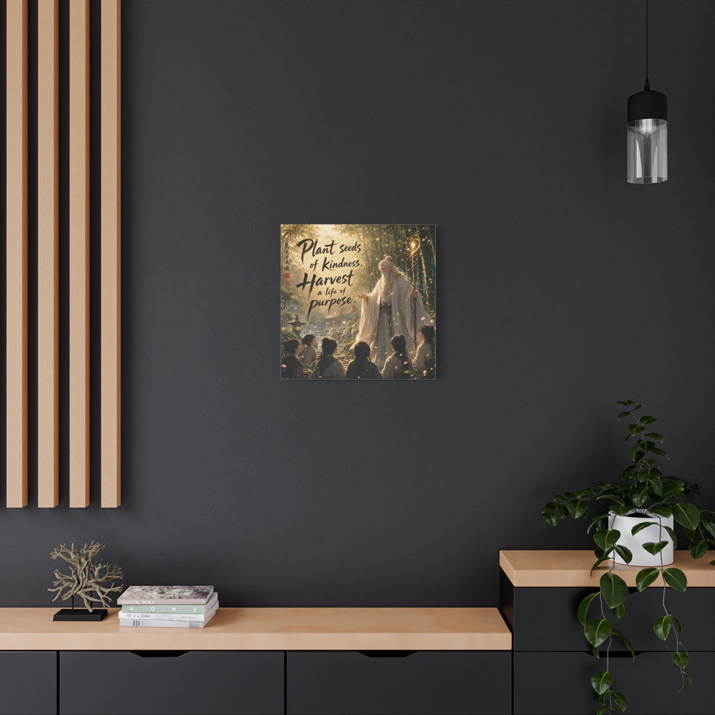 "Plant Seeds Of Kindness. Harvest A Life Of Purpose." Zen Canvas Wall Art - Wise Elder In Bamboo Garden, Inspirational Typography Print - Traditional Style, Bedroom Meditation Decor - Office Wall Art