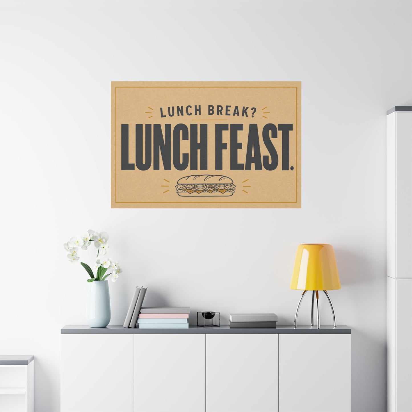 "Lunch Break Lunch Feast." Typography Canvas Wall Art - Vintage Humor Decor - Retro Deli Sandwich Illustration - Farmhouse Accent - Office Breakroom Wall Hanging - Ready to Hang - Sandwich Shop Sign