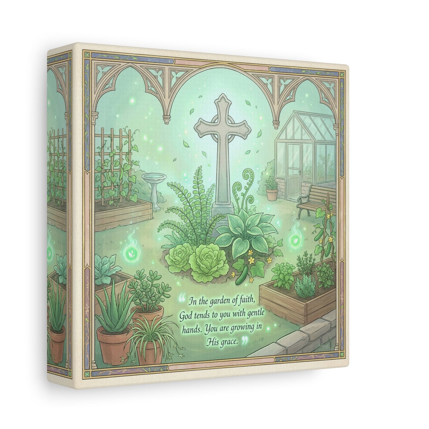 "In The Garden Of Faith" Christian Canvas Wall Art - Cross Garden Quote Print - Botanical Scripture Decor, Matte Cotton Canvas - Traditional Religious Wall Decor For Bedroom Office - Ready to Hang