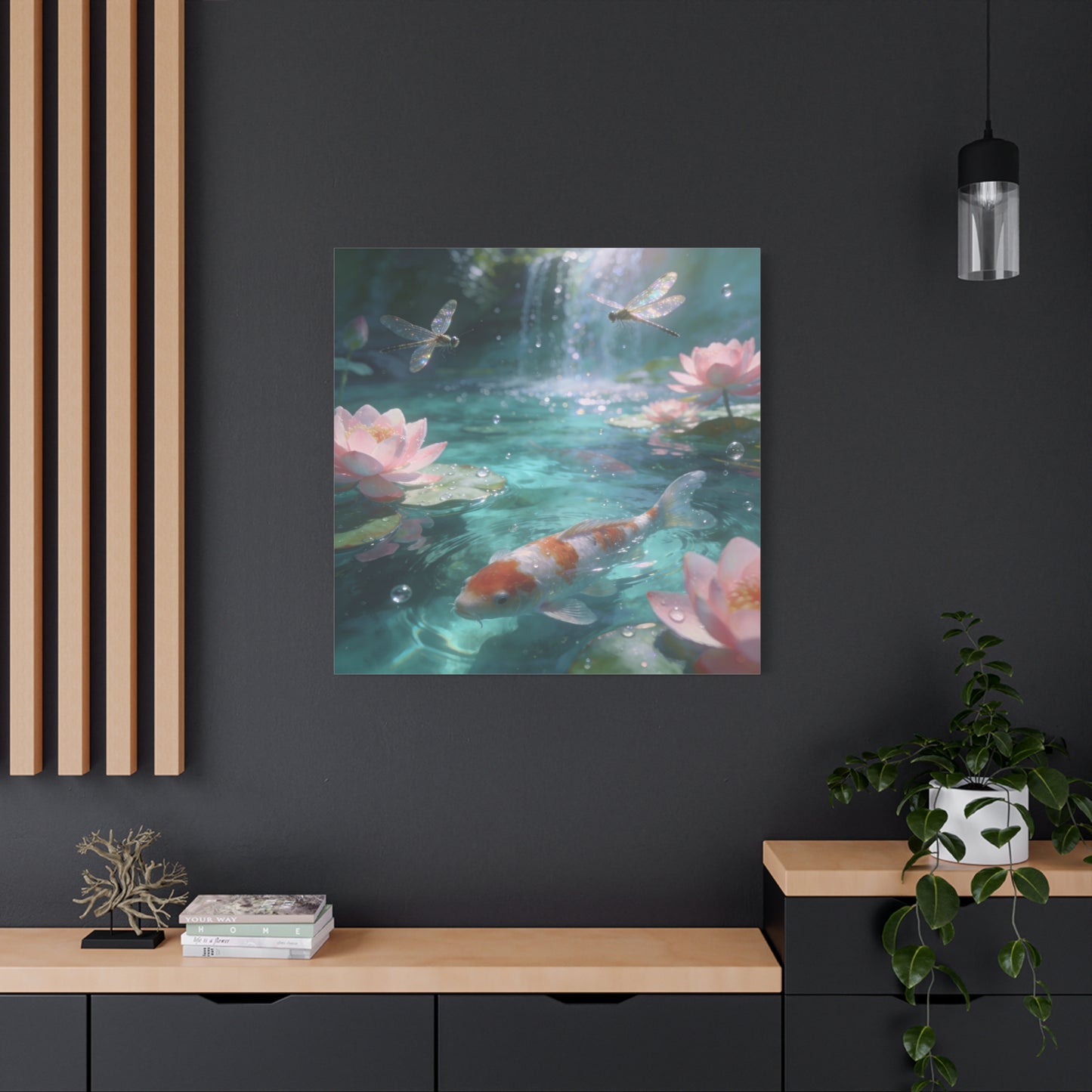 Koi Fish Lotus Canvas Wall Art - Dragonflies Over Teal Pond Water, Pink Water Lily Floral Scene - Dreamy Matte Canvas Print - Bedroom Wall Decor, Living Room Home Accent - Bedroom Home Decoration