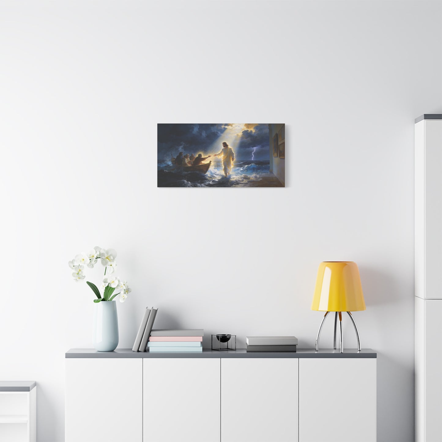 Jesus Christ Walking On Water Canvas Wall Art - Storm Sea Disciples Boat, Religious Christian Decor - Luminous Matte Canvas Print - Traditional Style, Living Room Wall Decor - Bedroom Home Decoration