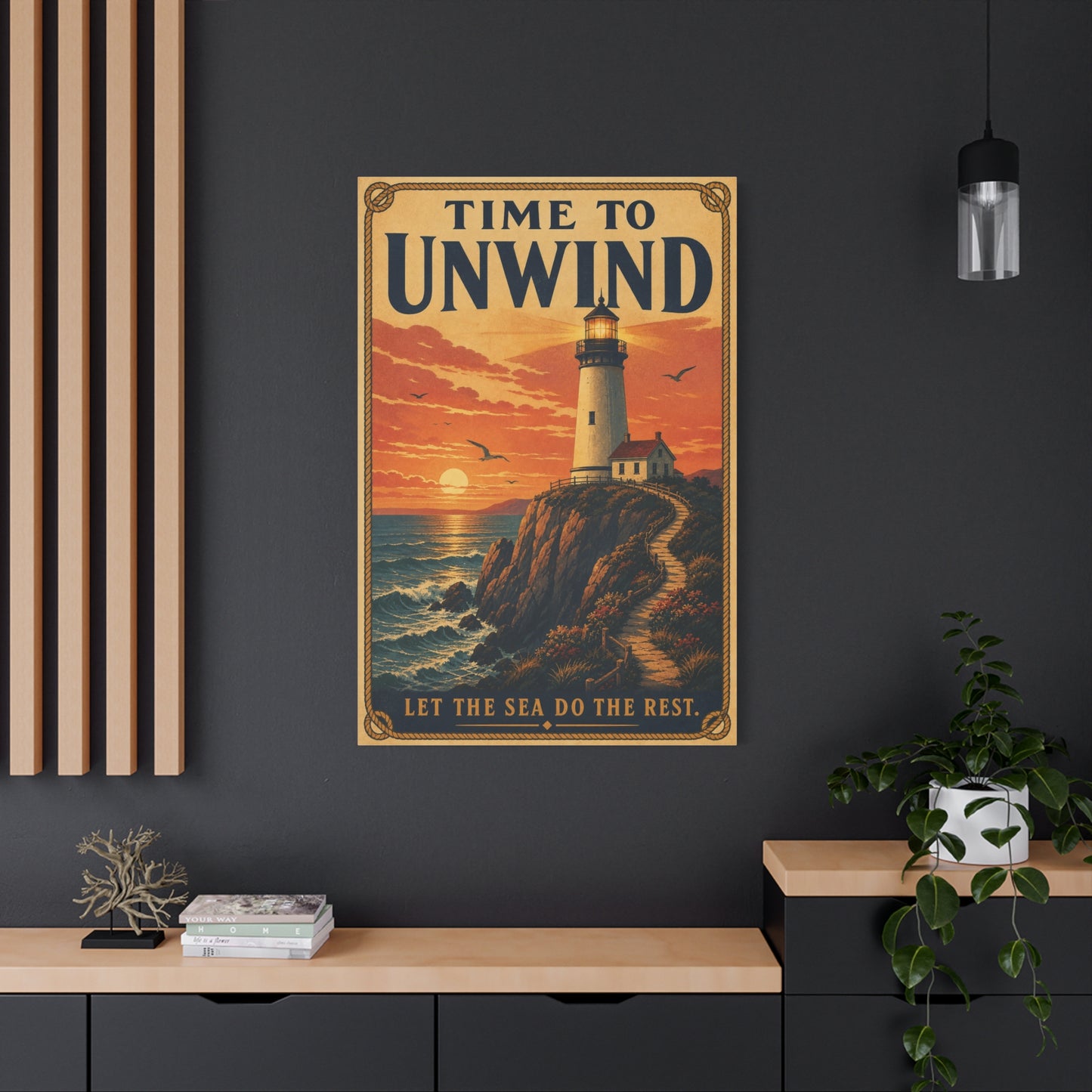 "Time To Unwind Let The Sea Do The Rest" Lighthouse Canvas Wall Art - Vintage Coastal Sunset Seascape Print, Nautical Home Decor, Bedroom Living Room Decoration, Beach House Style - Office Wall Art
