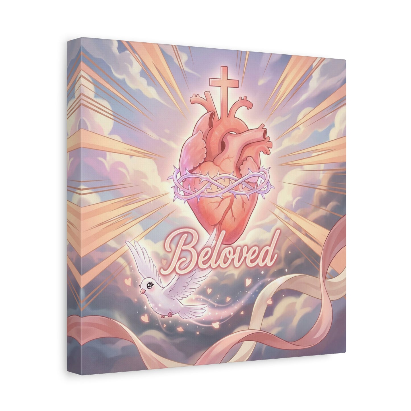 "Beloved" Sacred Heart Canvas Wall Art - Cross, Dove, Crown Of Thorns Christian Decor - Pink Pastel Religious Print - Inspirational Bedroom Home Decoration, Living Room Wall Decor - Ready to Hang