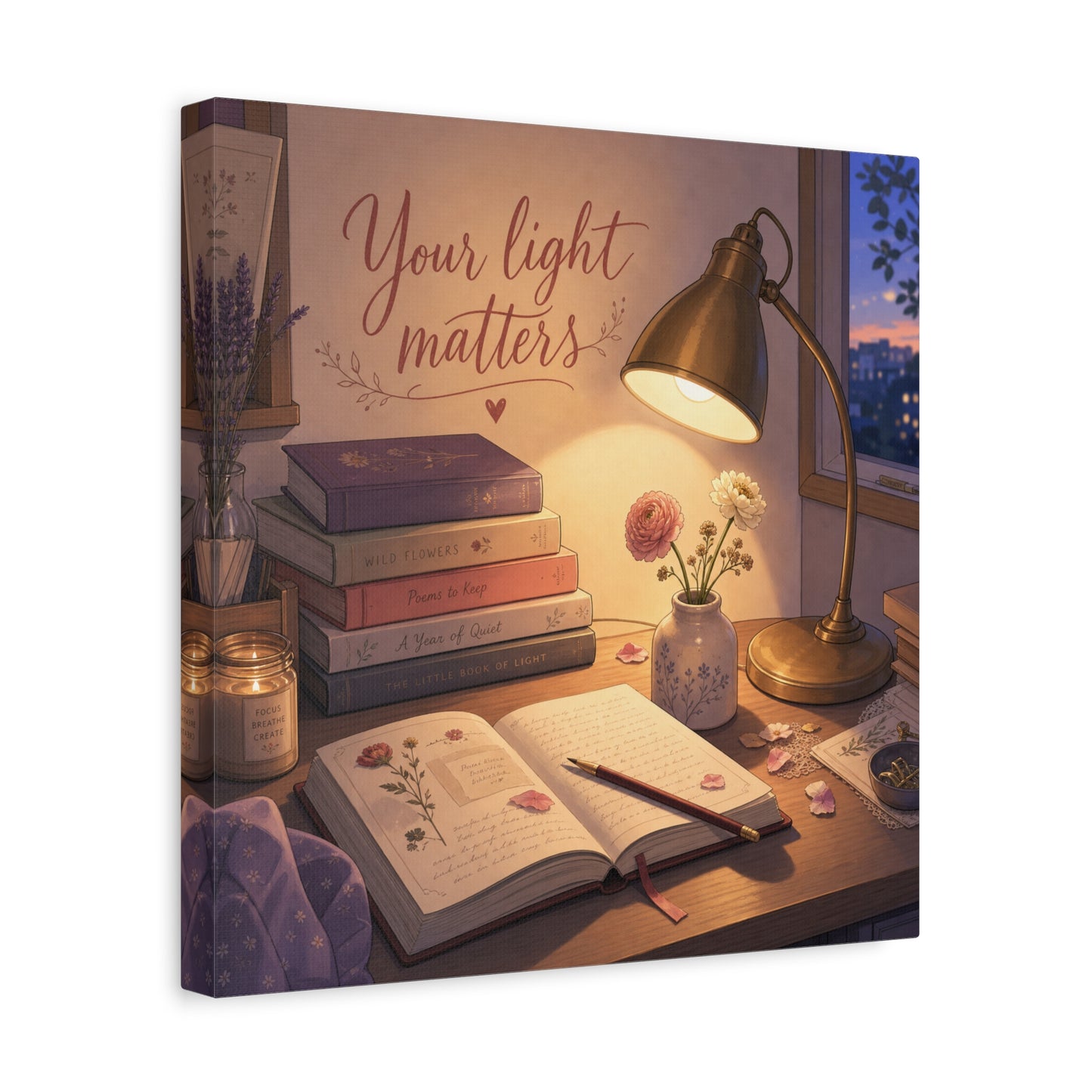 "Your Light Matters" Inspirational Canvas Wall Art - Cozy Desk Lamp Books Floral Print - Warm Vintage Bedroom Wall Decor - Reading Nook Home Decoration - Ready to Hang - Bedroom Home Decoration