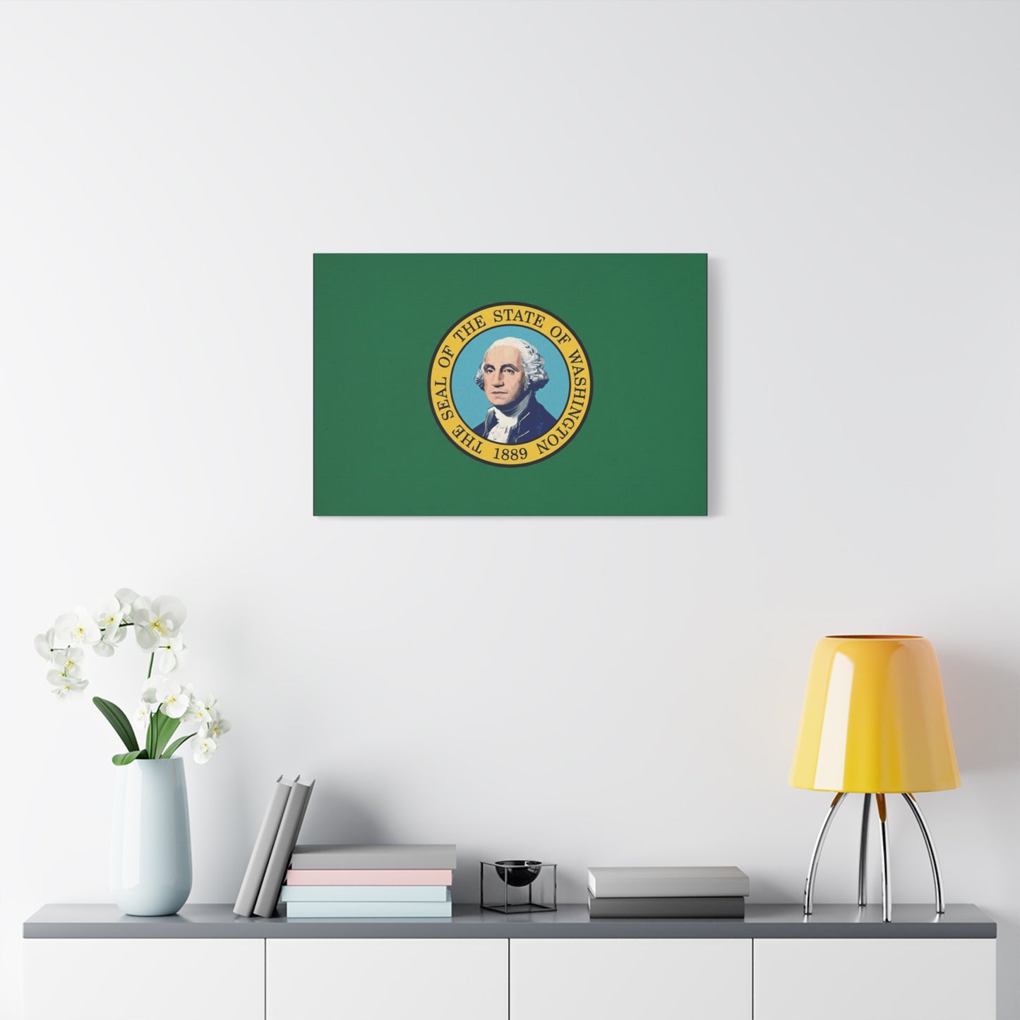 "THE SEAL OF THE STATE OF WASHINGTON 1889" Flag Canvas Wall Art - George Washington State Pride Decor - Green Gold Historic Print - Living Room Home Decoration, Office Wall Accent - Ready to Hang