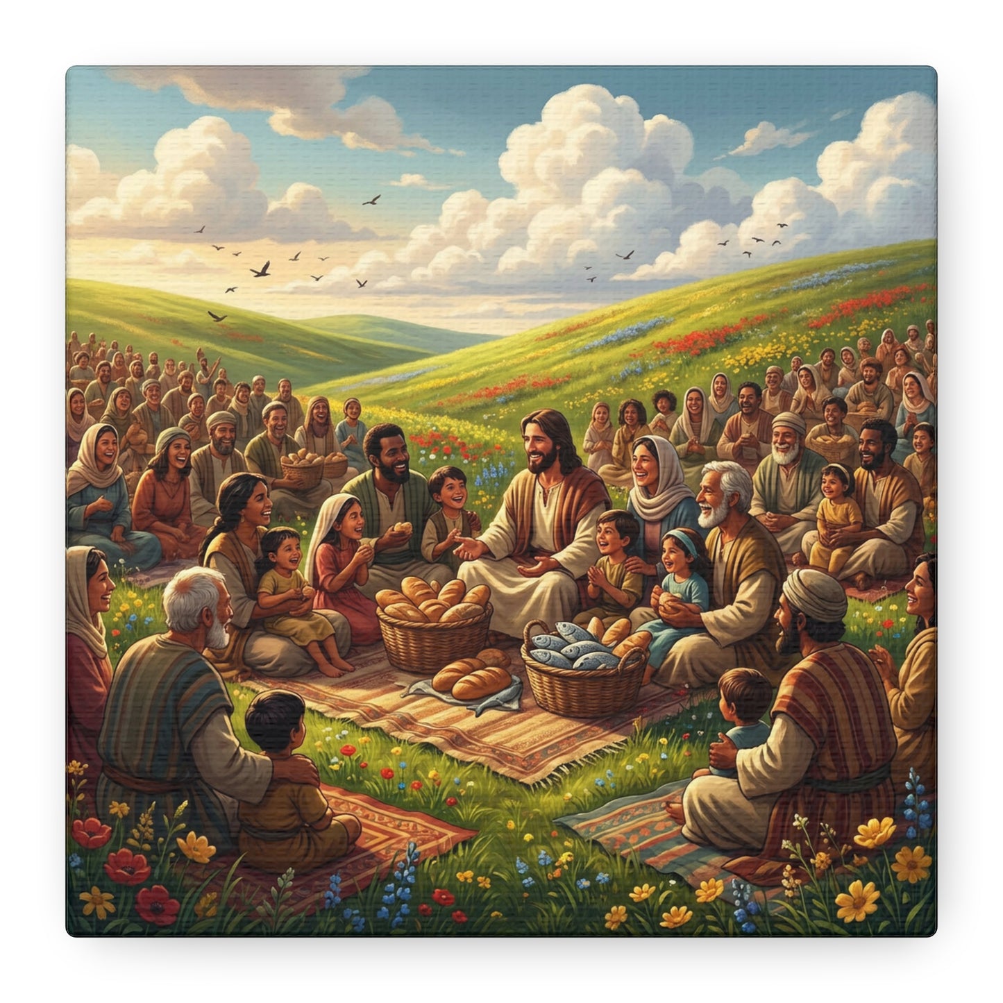 Jesus Feeding The Multitude Canvas Wall Art - Bread And Fish Biblical Scene - Meadow Landscape Christian Home Decor - Matte Cotton Print For Living Room, Bedroom, Office, Meditation Space