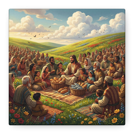 Jesus Feeding The Multitude Canvas Wall Art - Bread And Fish Biblical Scene - Meadow Landscape Christian Home Decor - Matte Cotton Print For Living Room, Bedroom, Office, Meditation Space