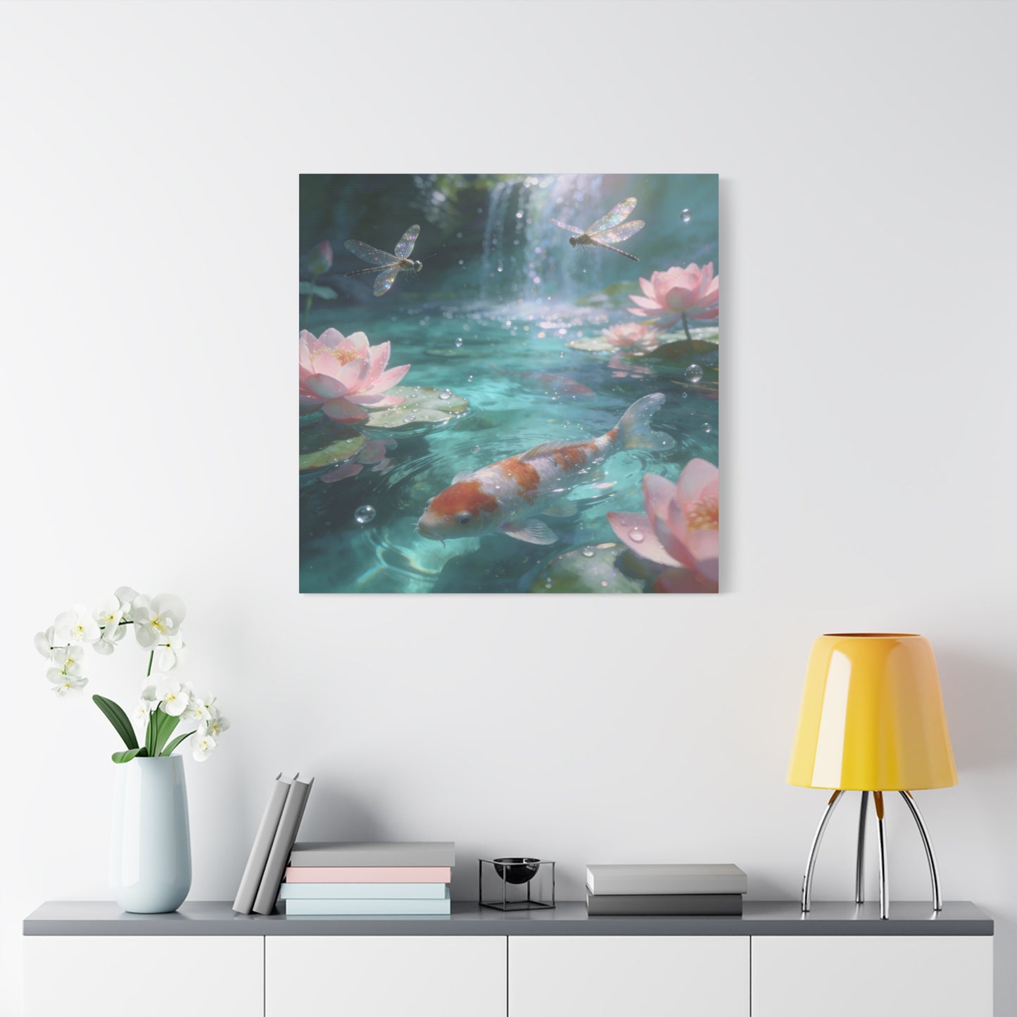Koi Fish Lotus Canvas Wall Art - Dragonflies Over Teal Pond Water, Pink Water Lily Floral Scene - Dreamy Matte Canvas Print - Bedroom Wall Decor, Living Room Home Accent - Bedroom Home Decoration