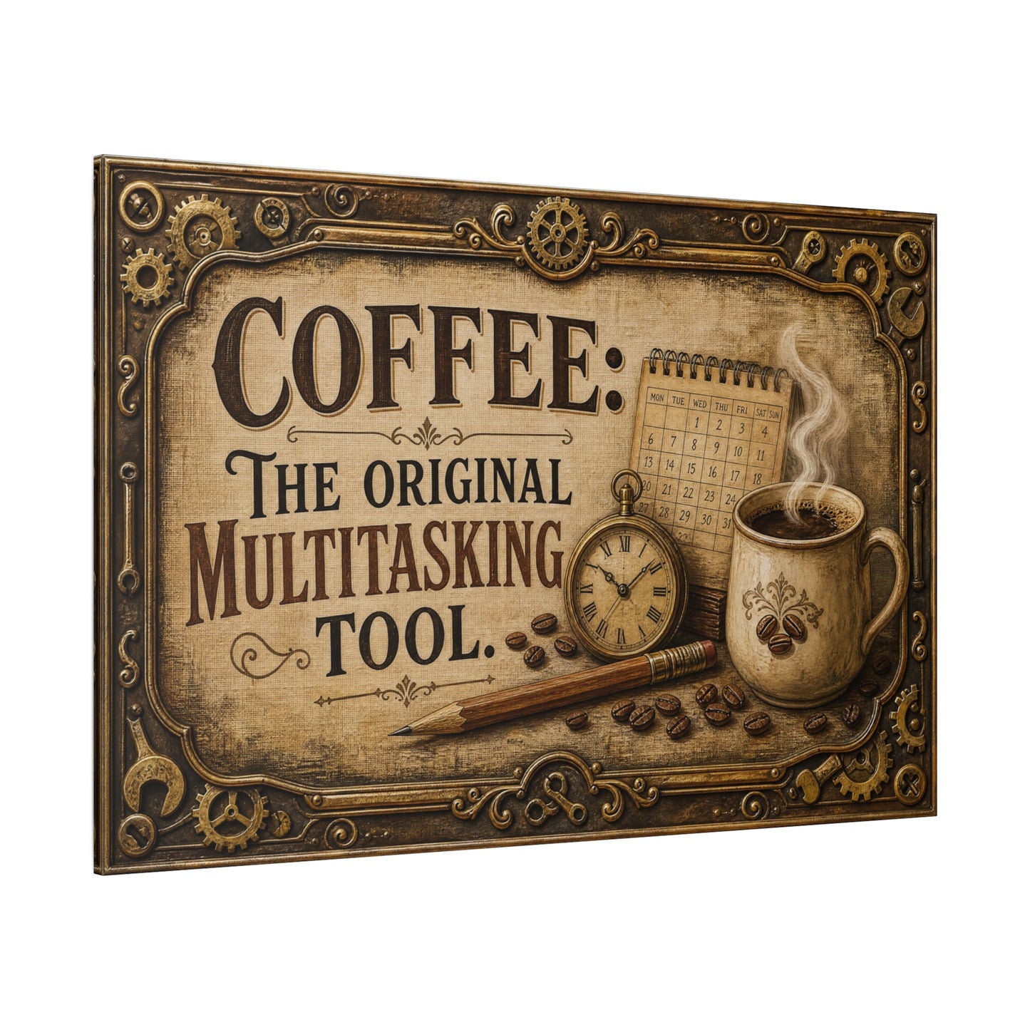 "Coffee: The Original Multitasking Tool." Canvas Wall Art - Vintage Coffee Cup Quote Print, Rustic Wall Decor, Steampunk Style, Cafe Accent - Ready to Hang - Bistro Decor - Espresso Bar Sign