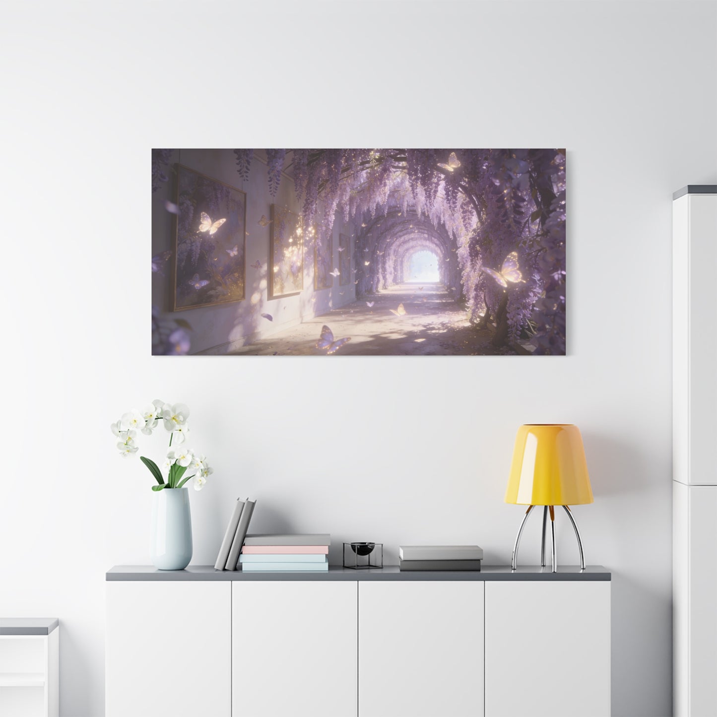Wisteria Butterfly Canvas Wall Art - Dreamy Floral Tunnel Illustration, Lavender Glow, Matte Cotton Print - Contemporary Fantasy Style - Bedroom Wall Decor, Living Room Home Accent - Ready to Hang