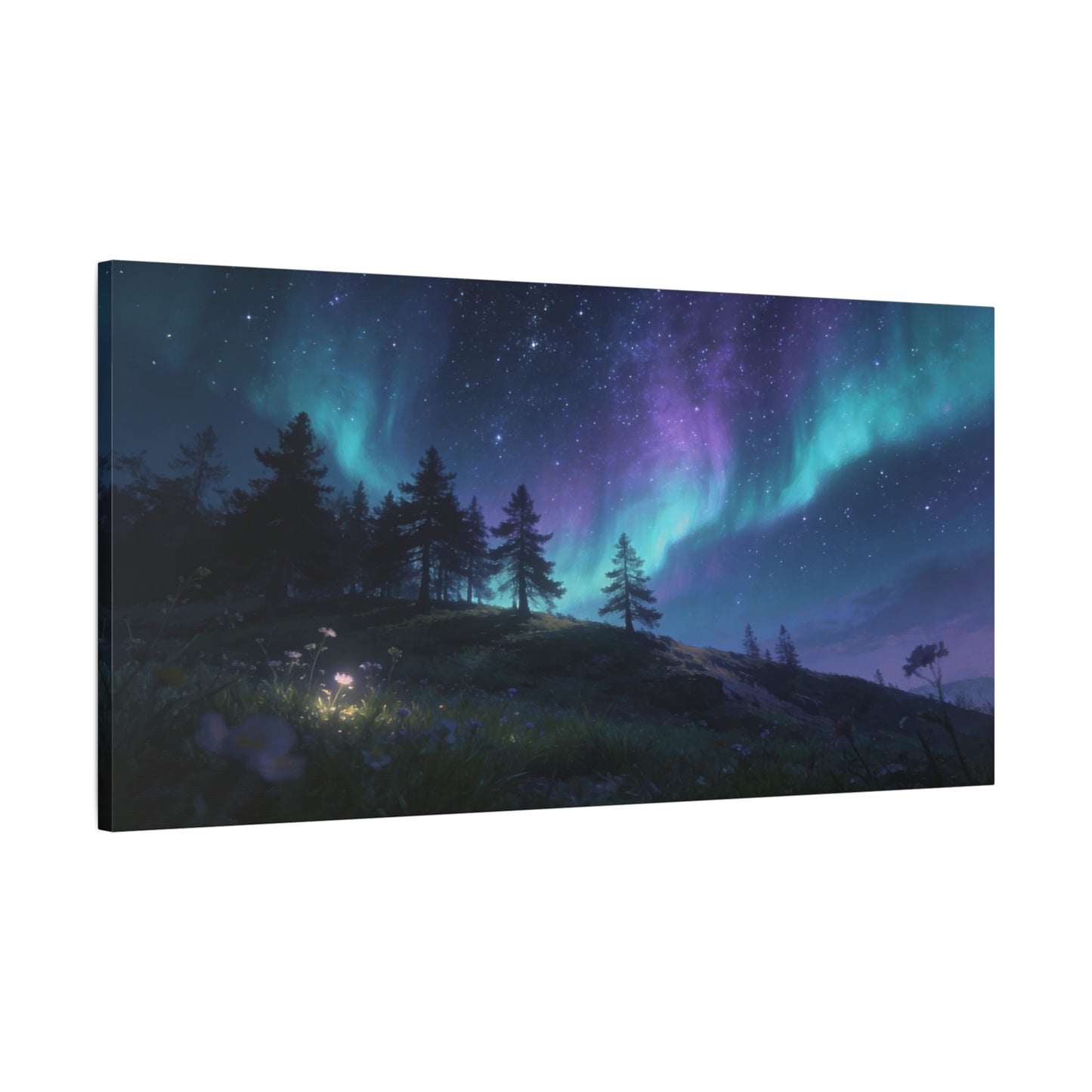 Northern Lights Canvas Wall Art - Aurora Borealis Night Sky Landscape Print, Starry Forest Meadow, Calming Contemporary Decor - Living Room Wall Decor, Bedroom Home Decoration - Modern Farmhouse Style