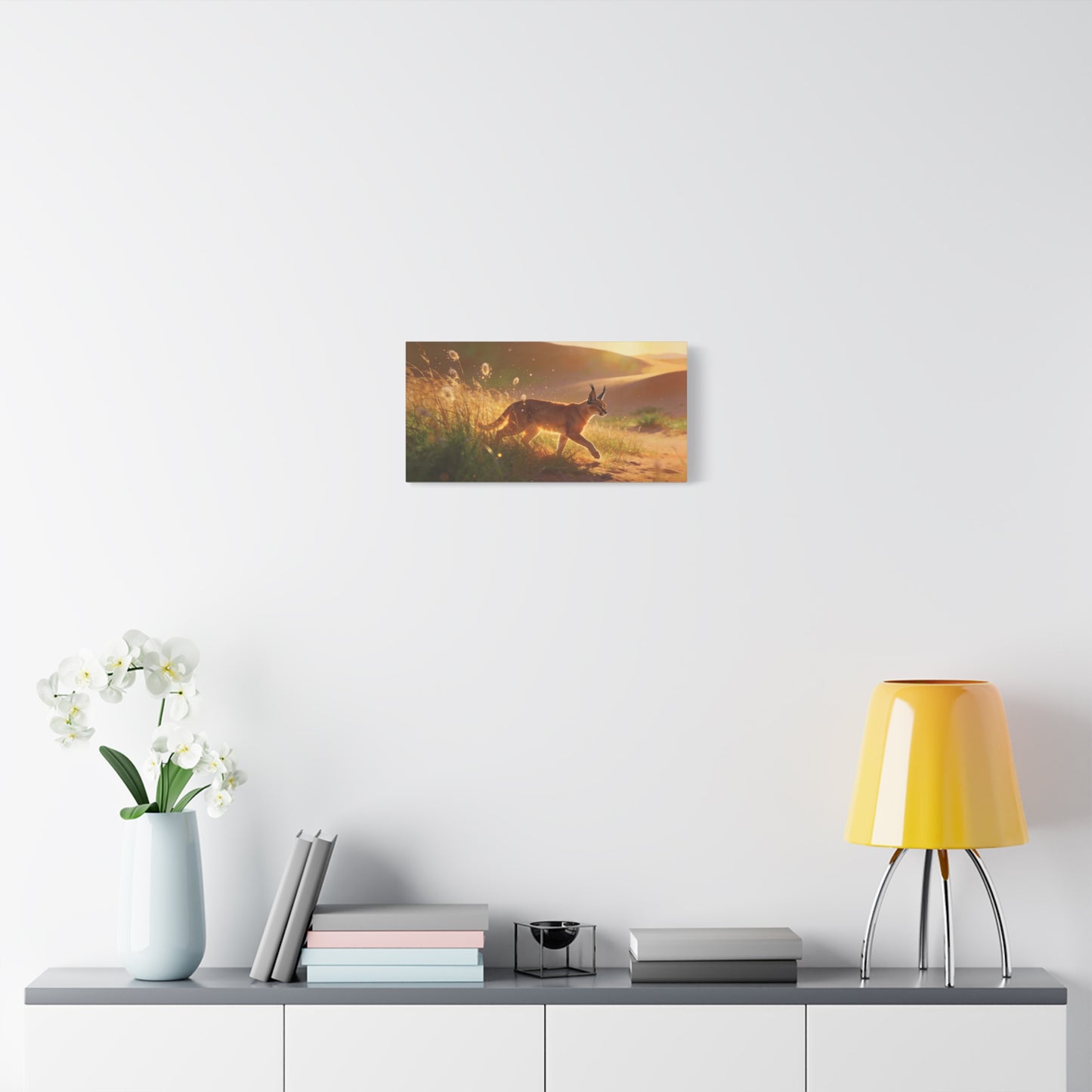 Caracal Canvas Wall Art - Golden Desert Wildlife Scene, Sunlit Grassland Illustration - Matte Cotton Art Print, Contemporary Nature Decor - Living Room Accent, Bedroom Decoration - Ready to Hang