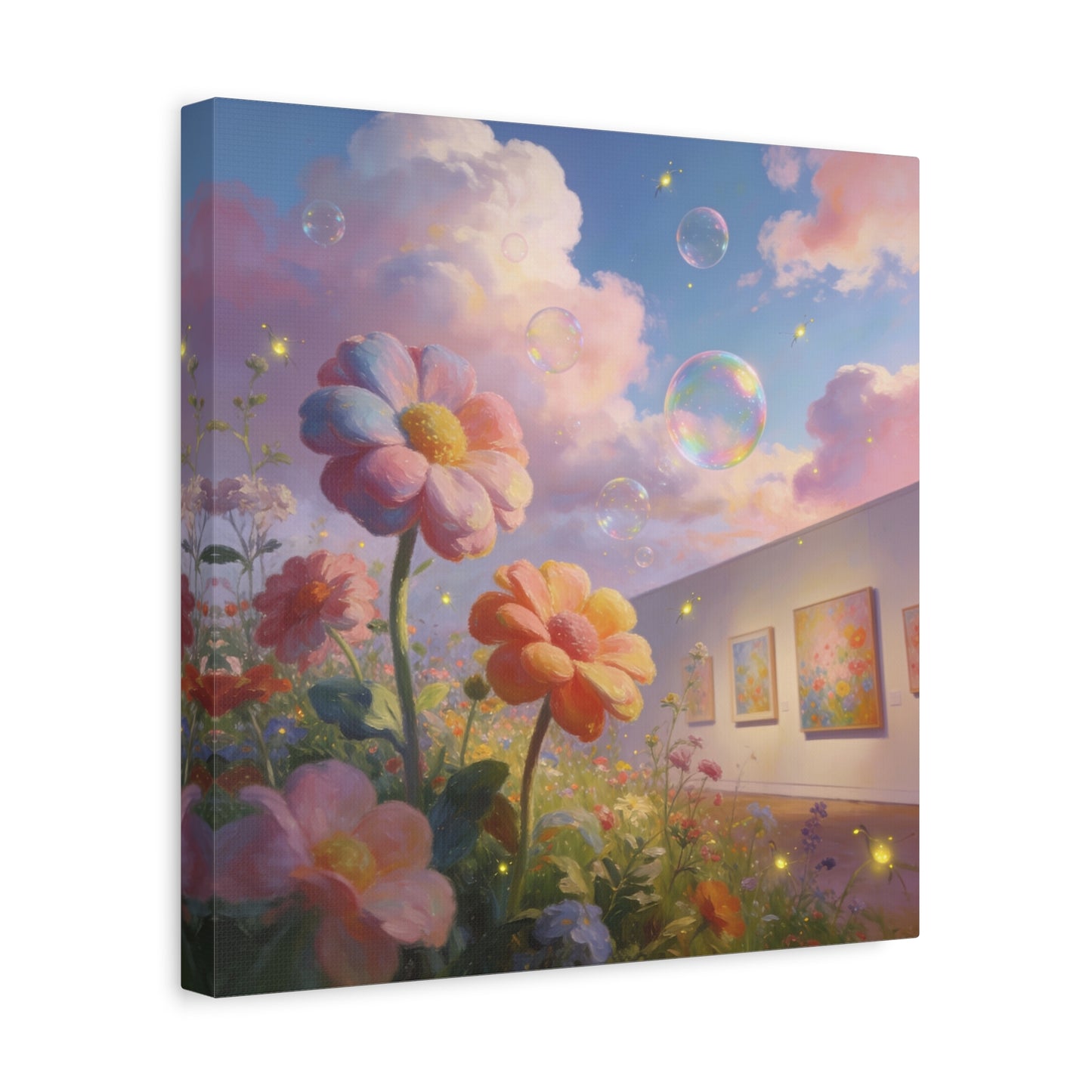 Dreamy Floral Canvas Wall Art - Pastel Wildflower Sky With Iridescent Bubbles, Firefly Glow - Whimsical Matte Canvas Print - Contemporary Bedroom Wall Decor, Living Room Accent - Cozy Reading Nook Art