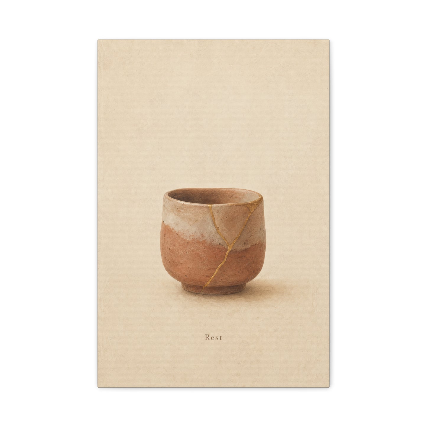 "Rest" Kintsugi Pot Canvas Wall Art - Minimalist Still Life Ceramic Vessel Print - Neutral Beige Brown Japanese Inspired Decor - Bedroom Meditation Space Living Room Home Accent - Office Wall Art