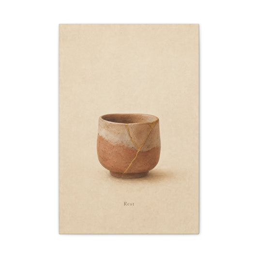 "Rest" Kintsugi Pot Canvas Wall Art - Minimalist Still Life Ceramic Vessel Print - Neutral Beige Brown Japanese Inspired Decor - Bedroom Meditation Space Living Room Home Accent - Office Wall Art