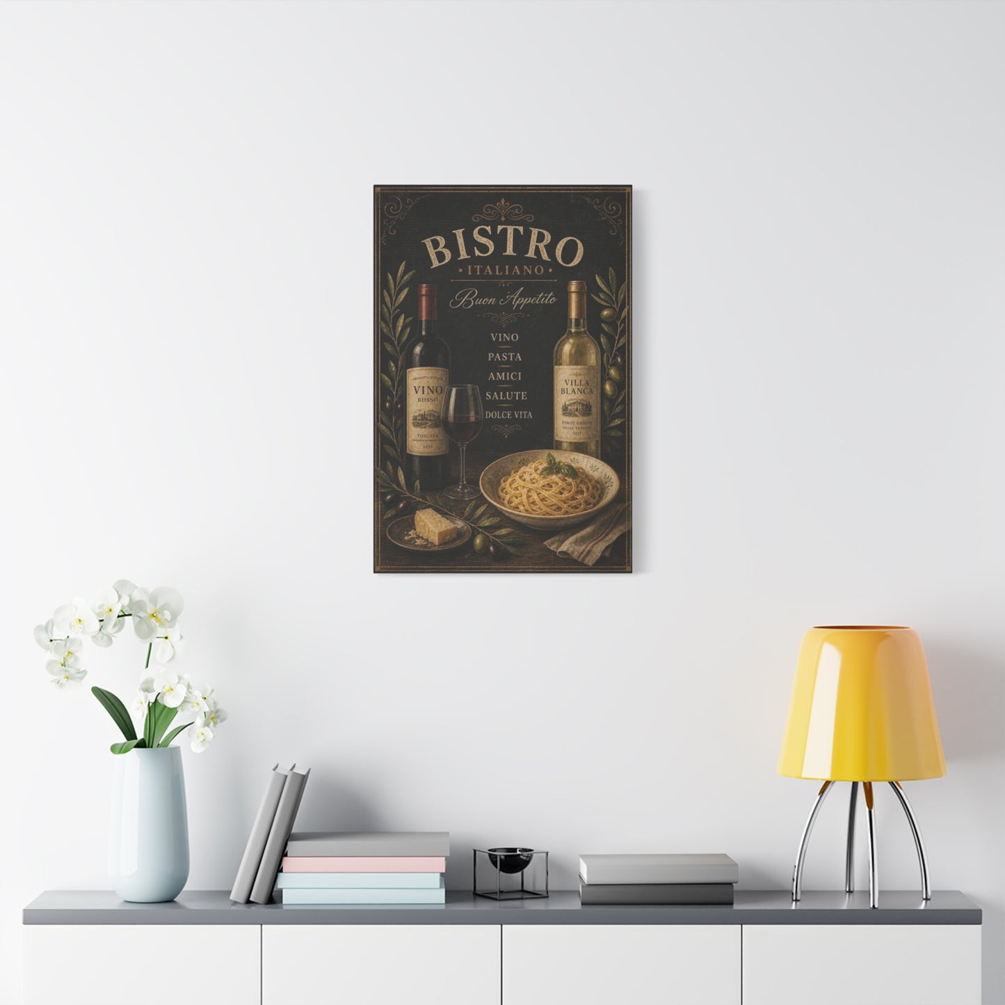 "Bistro Italiano Buon Appetito" Canvas Wall Art - Wine Bottles, Pasta, Olives - Vintage Italian Kitchen Decor - Rustic Farmhouse Style - Dining Room Accent, Cafe Wall Decor - Bedroom Home Decoration