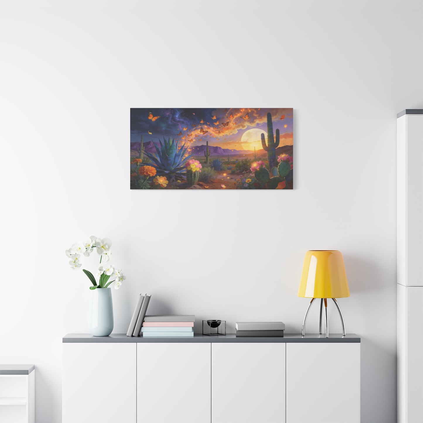 Desert Butterfly Canvas Wall Art - Moonlit Cactus Landscape, Agave And Wildflowers - Surreal Southwestern Style - Cotton Canvas Print - Living Room Wall Decor, Bedroom Accent - Bedroom Home Decoration