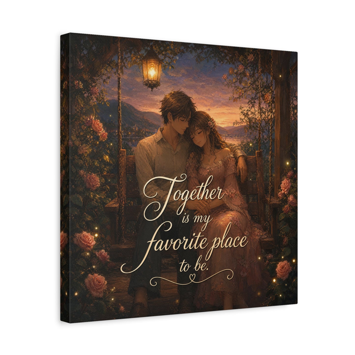 "Together Is My Favorite Place To Be" Romantic Couple Canvas Wall Art - Lantern Swing Sunset Lake Scene, Floral Garden Love Quote Print - Vintage Bedroom Decor - Office Wall Art - Ready to Hang