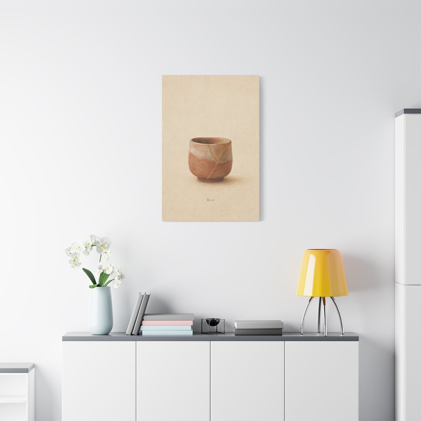 "Rest" Kintsugi Pot Canvas Wall Art - Minimalist Still Life Ceramic Vessel Print - Neutral Beige Brown Japanese Inspired Decor - Bedroom Meditation Space Living Room Home Accent - Office Wall Art
