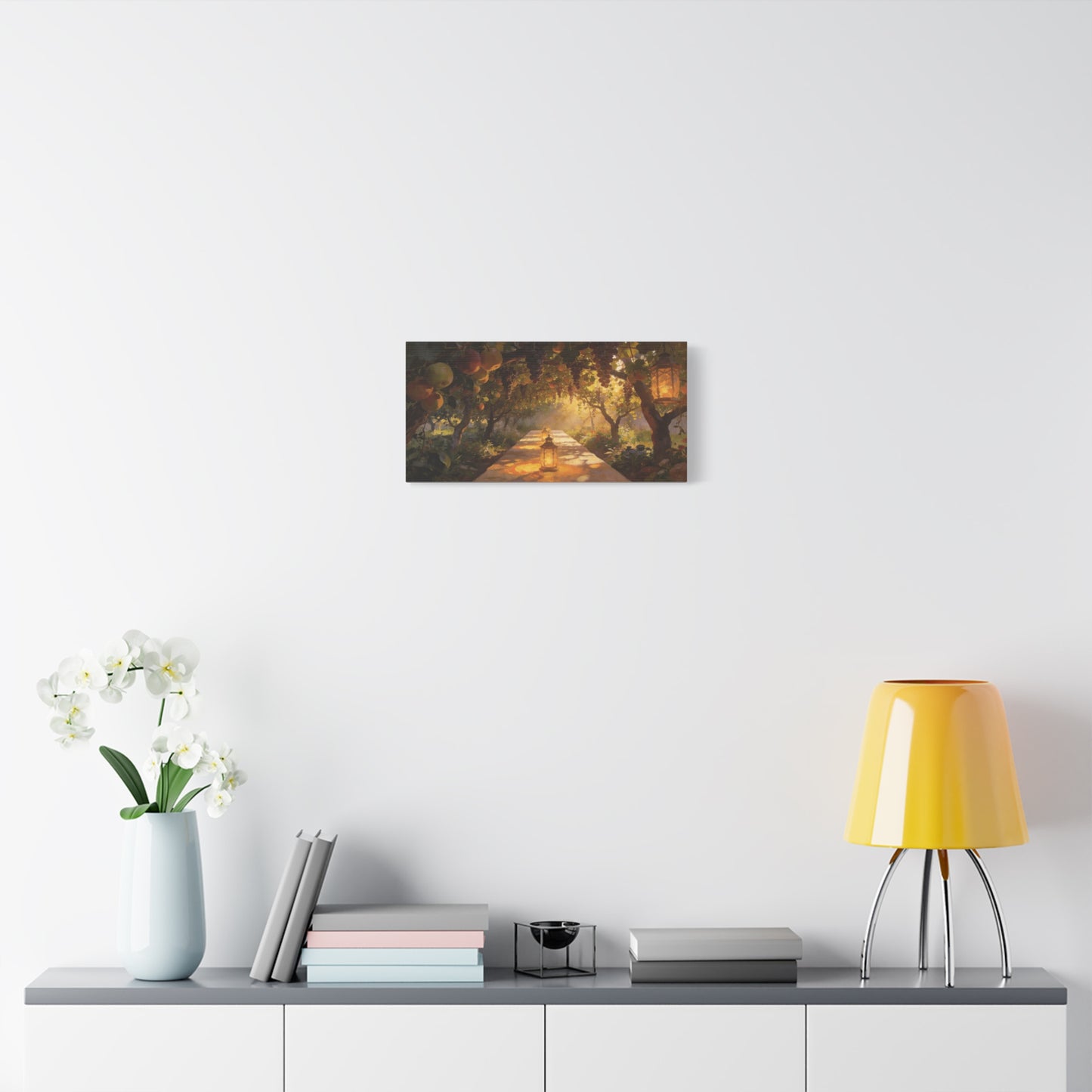 Fruit Orchard Canvas Wall Art - Lantern Lit Garden Path, Grape Vine And Apple Tree Painting - Matte Cotton Print, Rustic Traditional Style - Living Room Wall Decor, Bedroom Accent - Ready to Hang